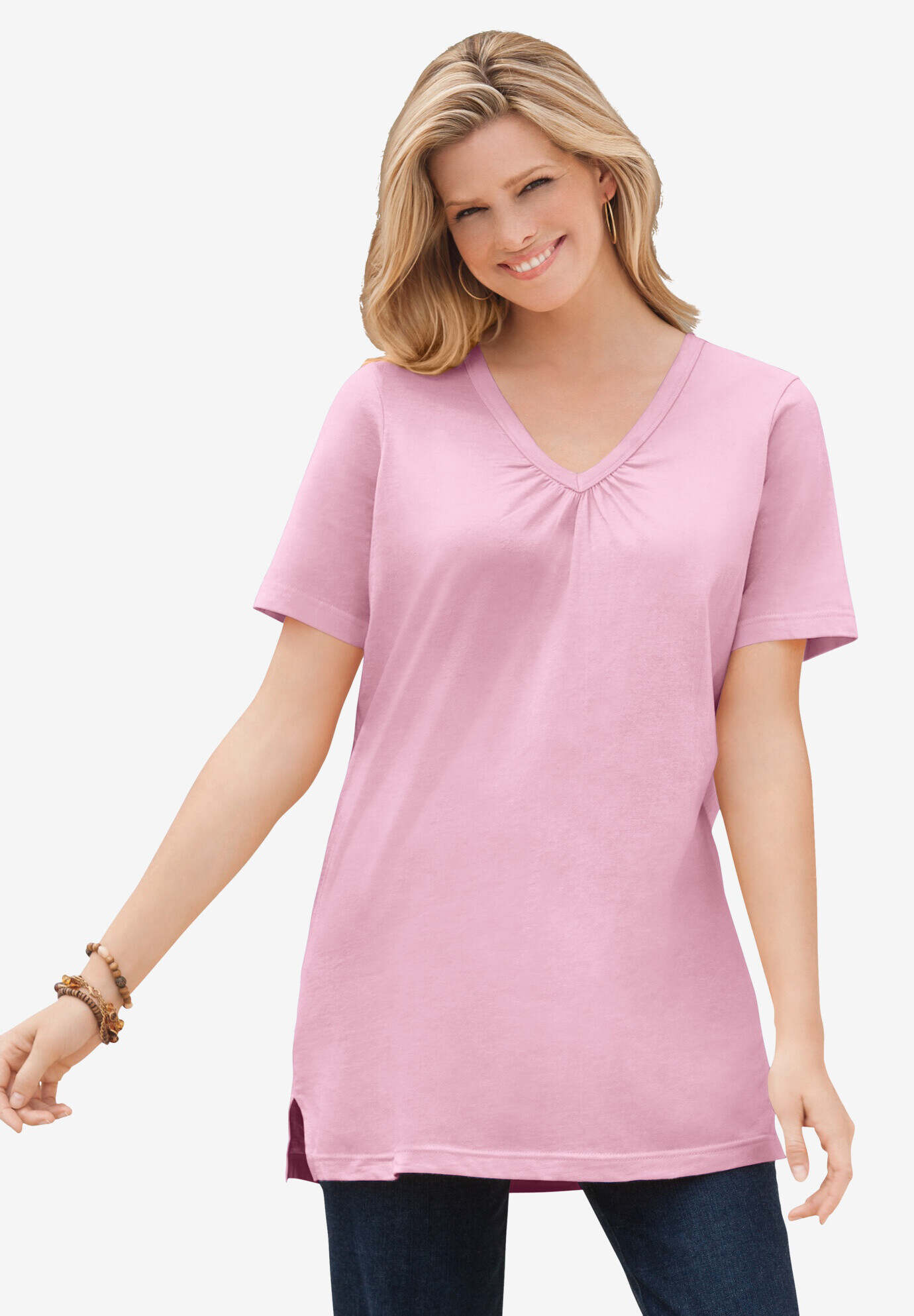 Perfect Short-Sleeve Shirred V-Neck Tunic