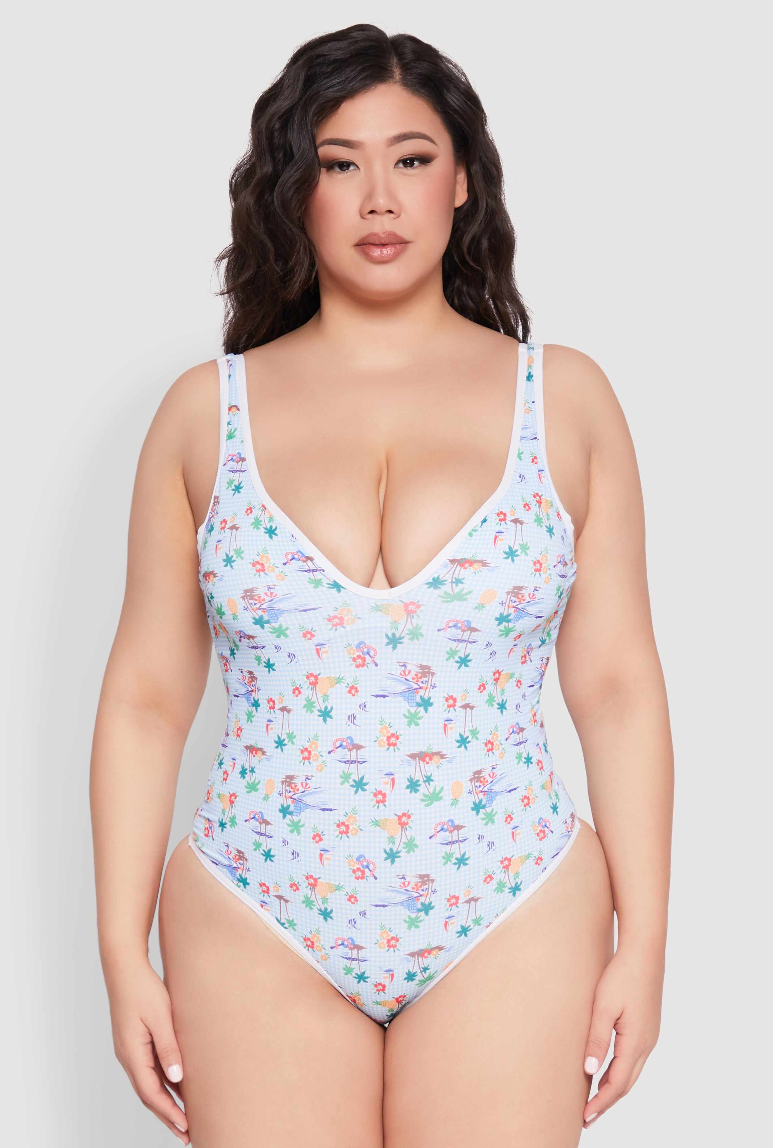 Plus Size Gingham Island Print One Piece Swimsuit