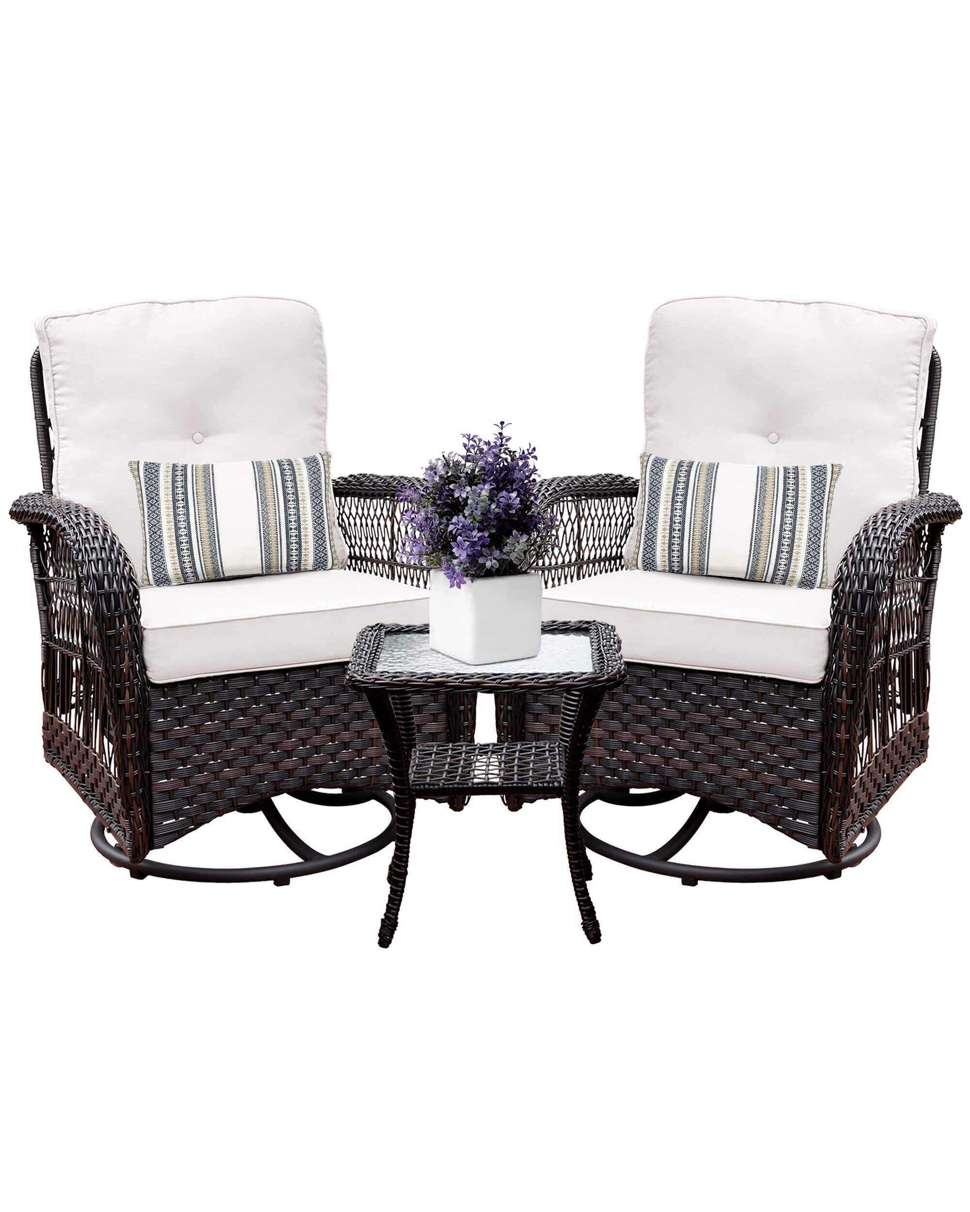 Swivel Rocker Patio Chairs Set of 2 and Matching Side Table - 3 Piece Wicker Patio Bistro Set with Premium Fabric Cushions Furniture (Dark Wicker Chair Beige Cushion)