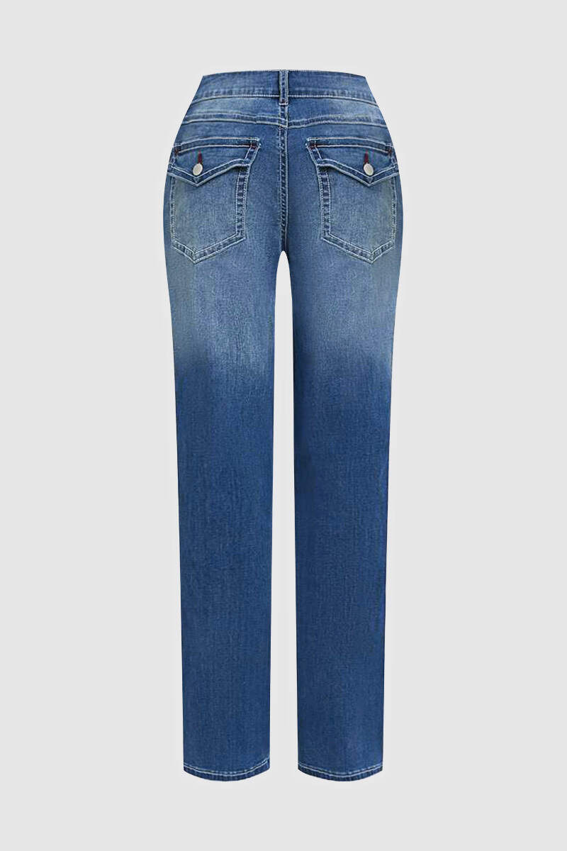 Washed Flap Pocket Low Rise Straight Leg Jeans
