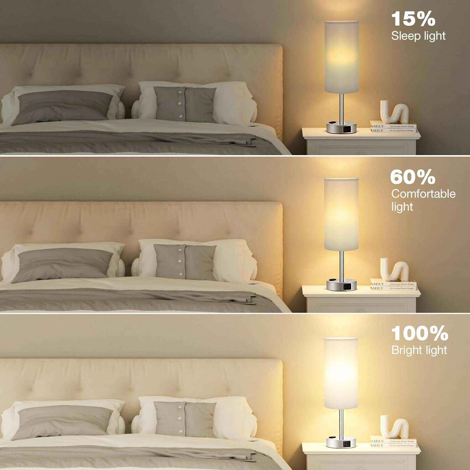 Bedside Table Lamp for Bedroom - 3 Way Dimmable Touch Lamp USB C Charging Ports and AC Outlet, Small Lamp Wood Base Round Flaxen Fabric Shade for Living Room, Desk, LED Bulb Included