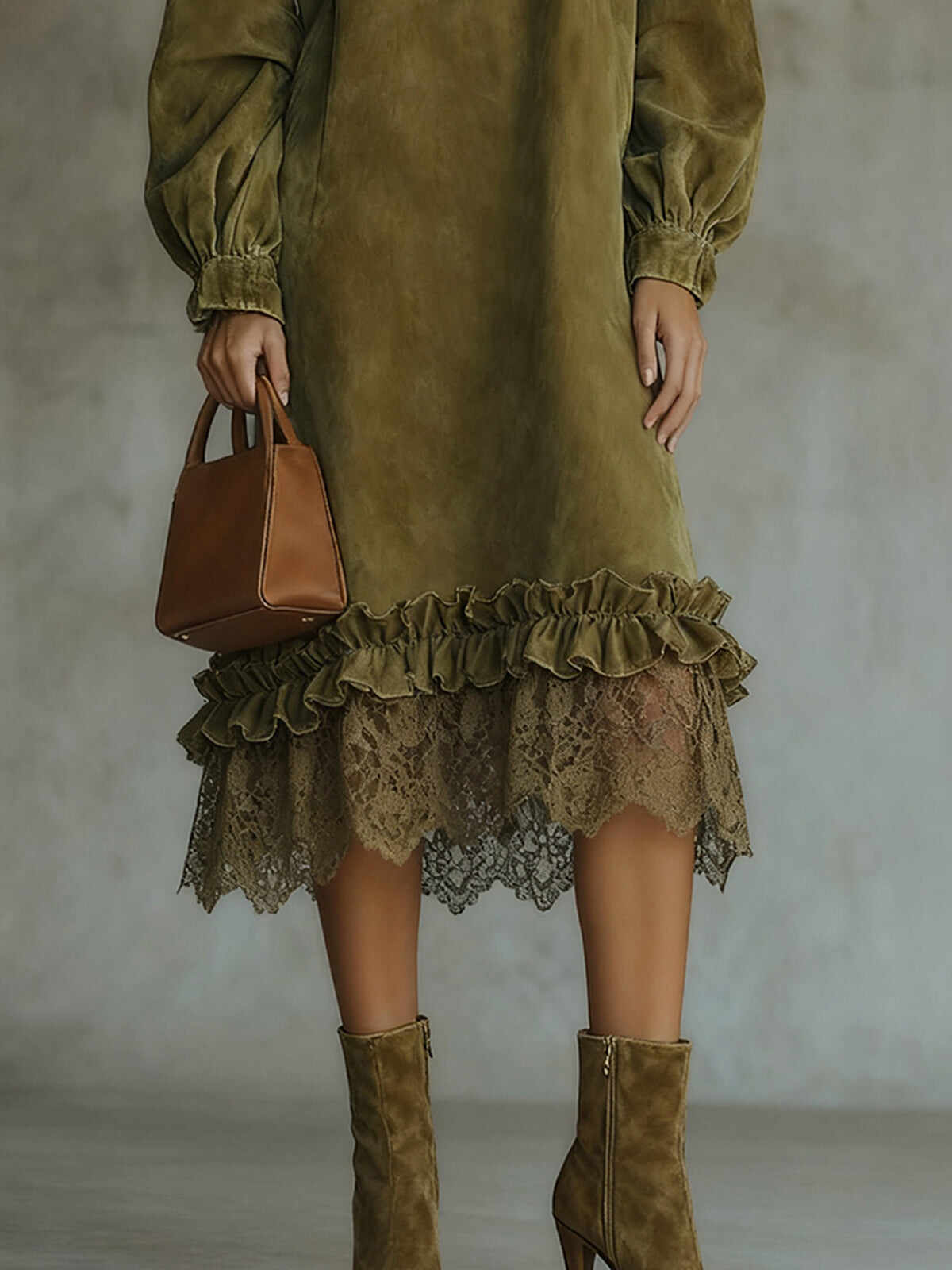 Army Green High Neck Square Suede Maxi Dress With Lace Hem