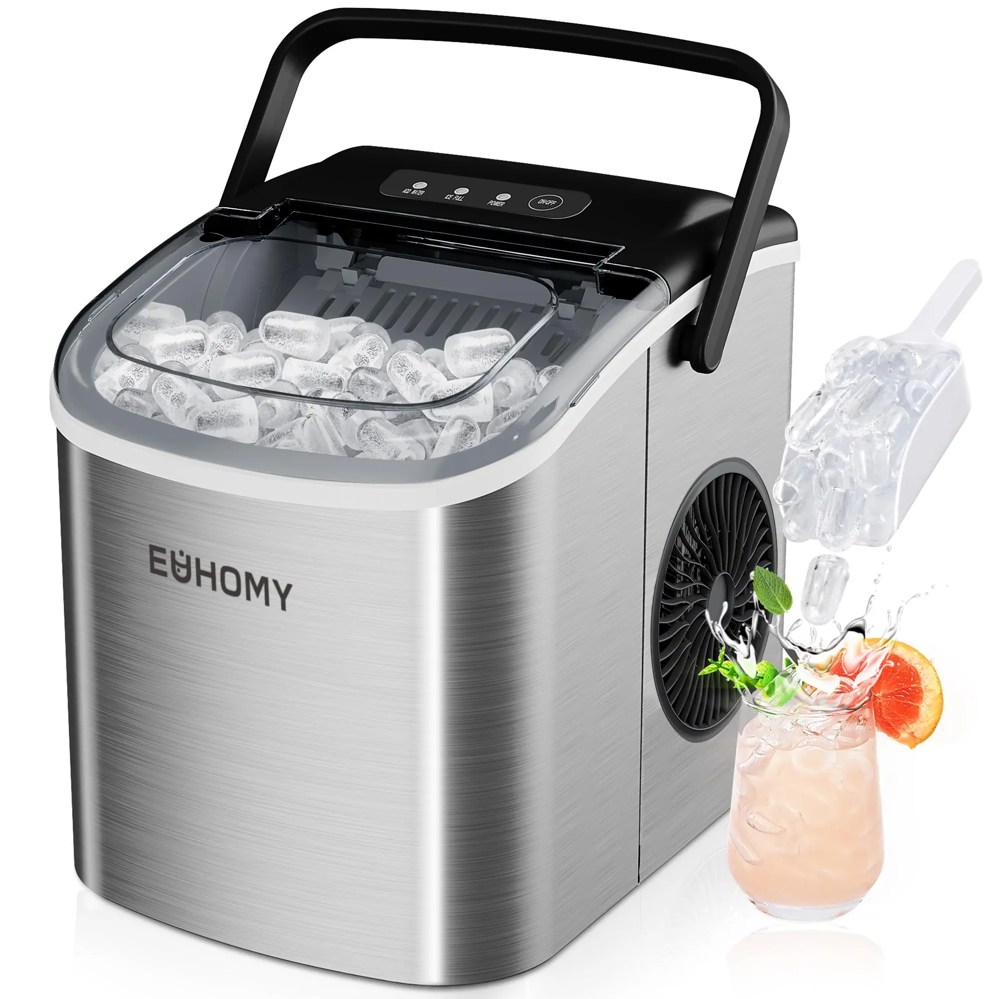 EUHOMY Ice Maker Countertop with Handle, 26lbs in 24Hrs, 9 Ice Cubes Ready in 6 Mins, Auto-Cleaning Portable Ice Maker with Basket and Scoop, for Home/Kitchen/Camping/RV. (2026 New Silver) Utensils