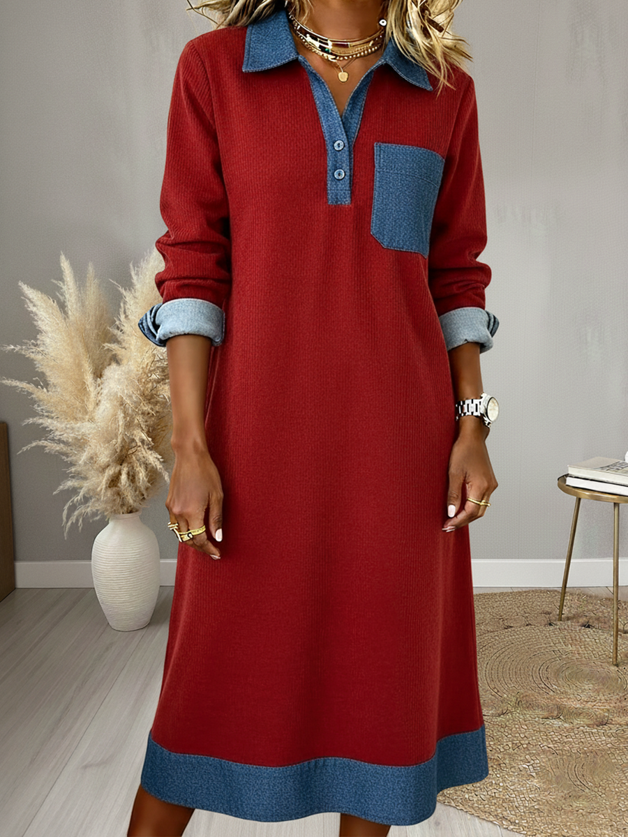 Casual Denim Patchwork Polo Collar Contrast Color Midi Dress