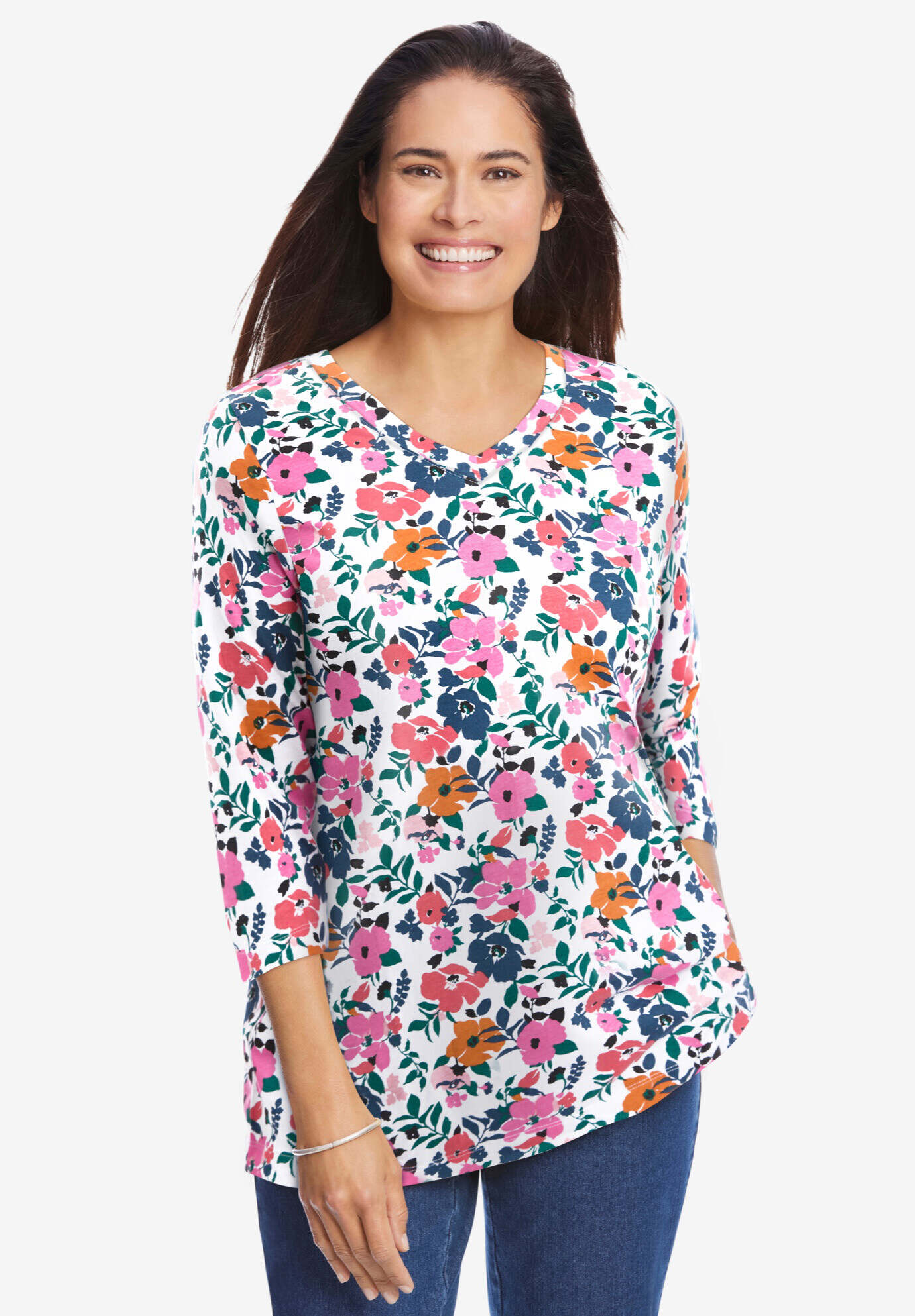 Perfect Printed Three-Quarter Sleeve V-Neck Tee
