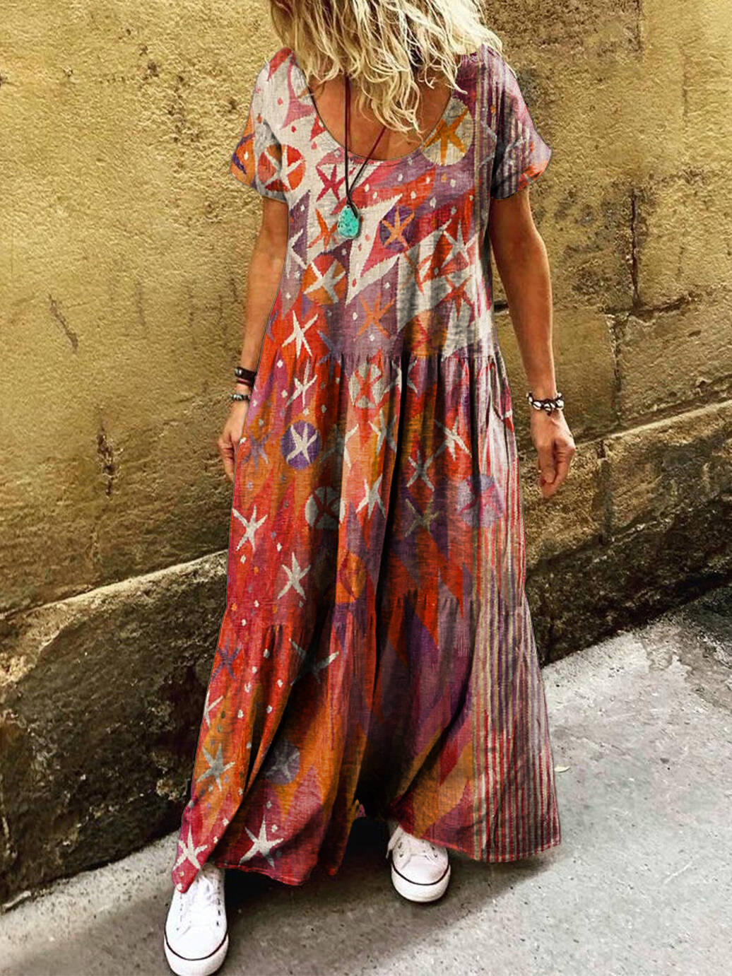 Women's Vintage Bohemian Ethnic Art Print Pocket Short Sleeve Cotton Dress