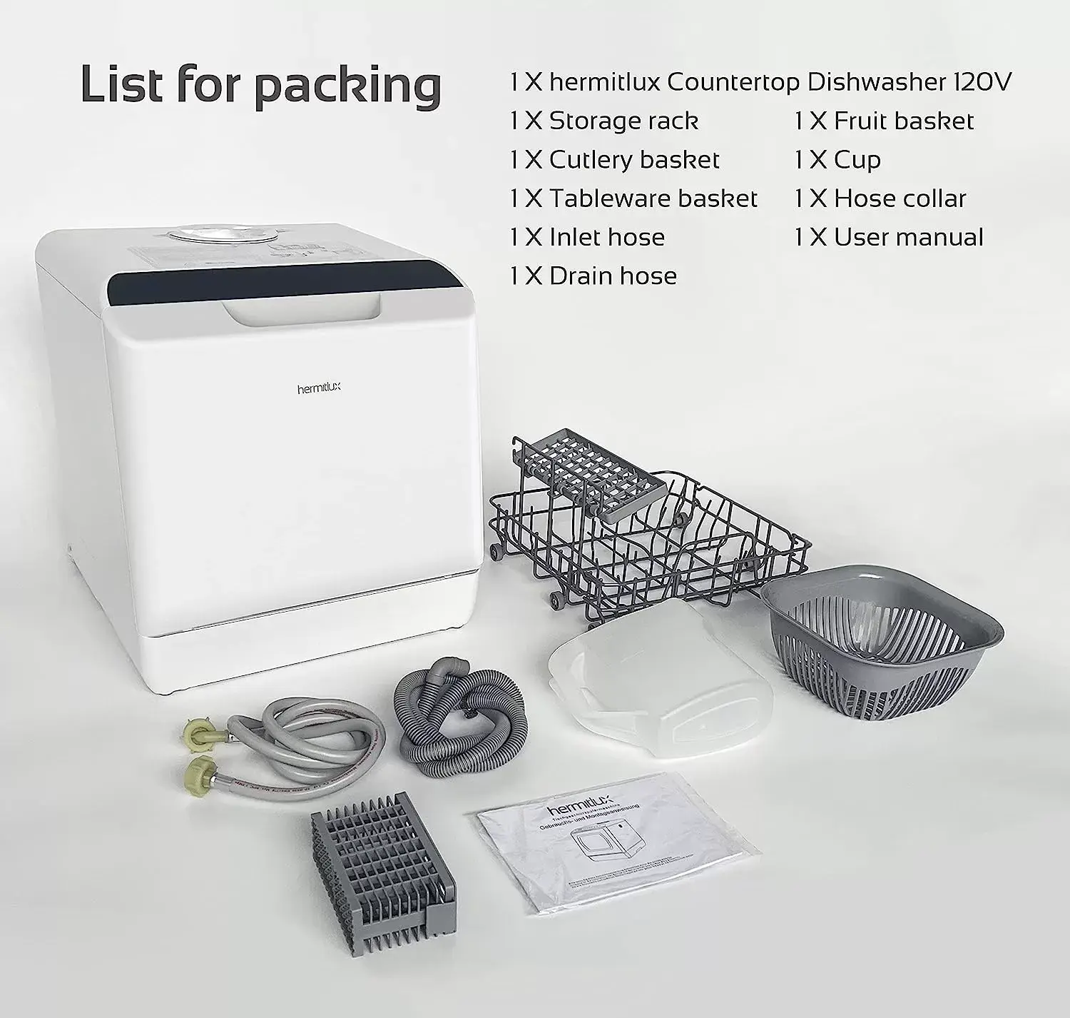 Hermitlux Countertop Dishwasher, 5 Washing Programs Portable Dishwasher With 5-Liter Built-in Water Tank, No Hookup Needed