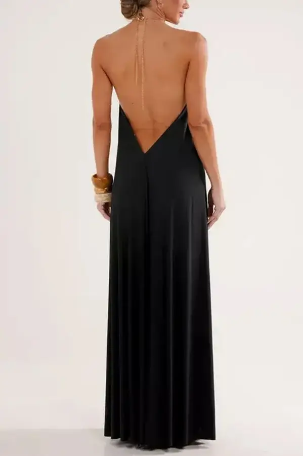 Ocean Goddess Metal Circular Chain Halter Backless Vacation A-line Maxi Dress