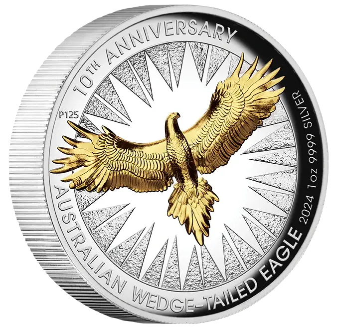 2024 $1 Australian Wedge Tailed Eagle 10th Anniversary 1oz Silver Proof High Relief GILDED Coin ( Perth Mint)