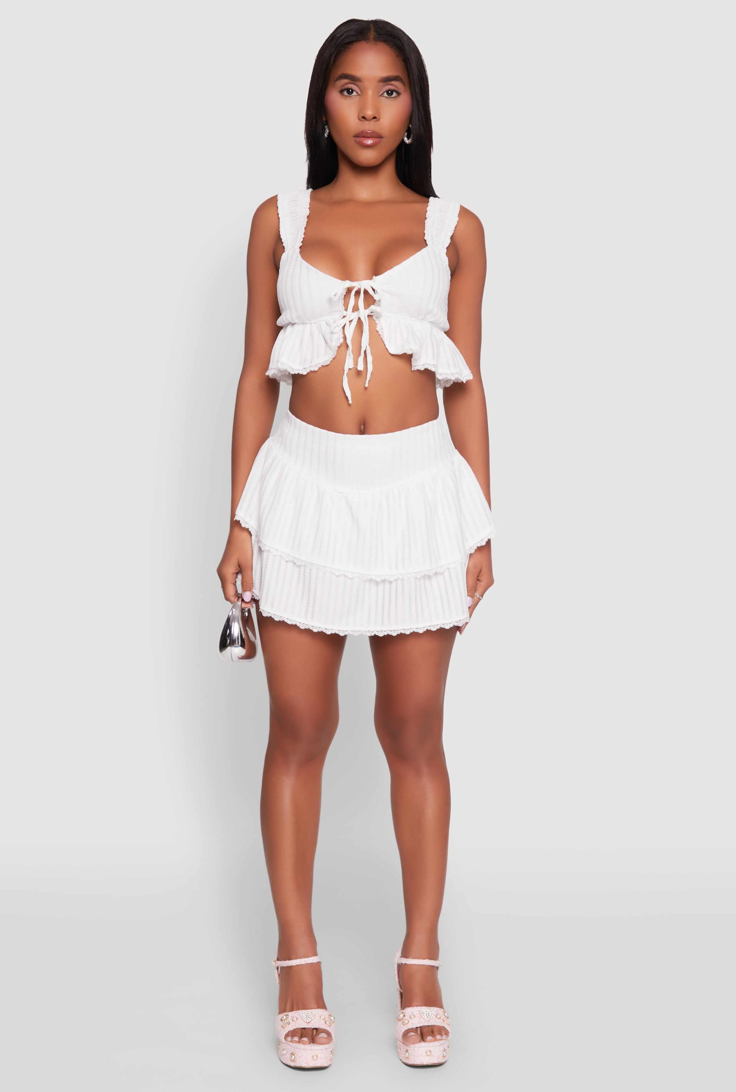 Haute Monde Shadow Stripe Tiered Skirt with Lace Detail
