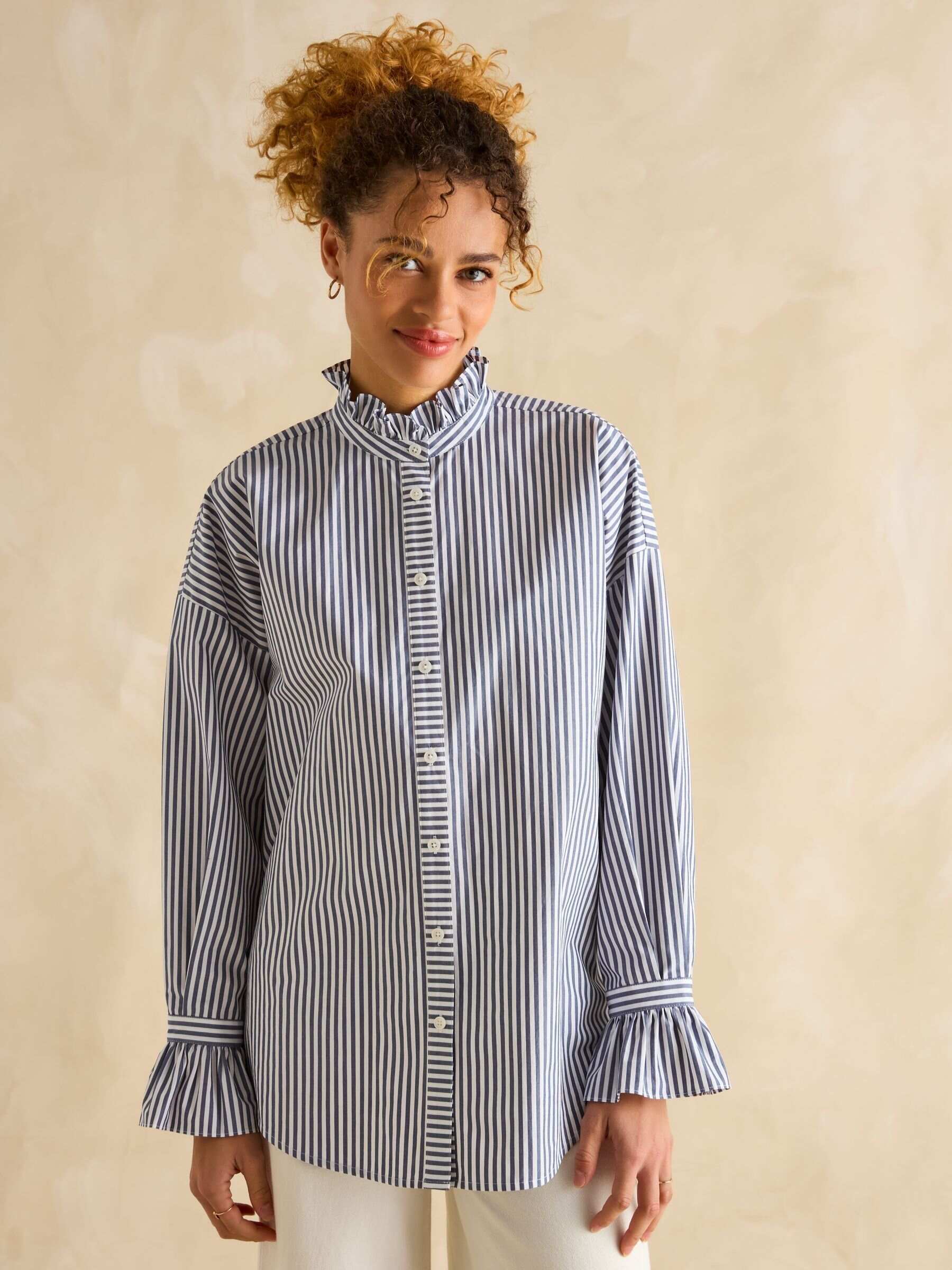 Mae Navy/White Relaxed Fit Frill Neck Shirt