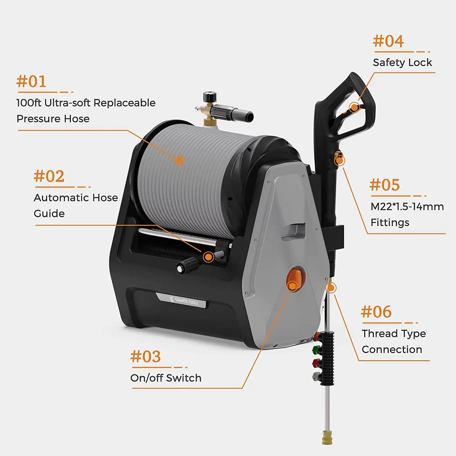 Retractable 2900PSI & 2.2 GPM Pressure Washer 2X Lower Noise for quite Essential 100ft replaceable Ultra-Soft Hose, 4 Nozzles, Total Stop System, Breezy Retraction, Eco-Friendly Reuse, Ready-To-Use Design