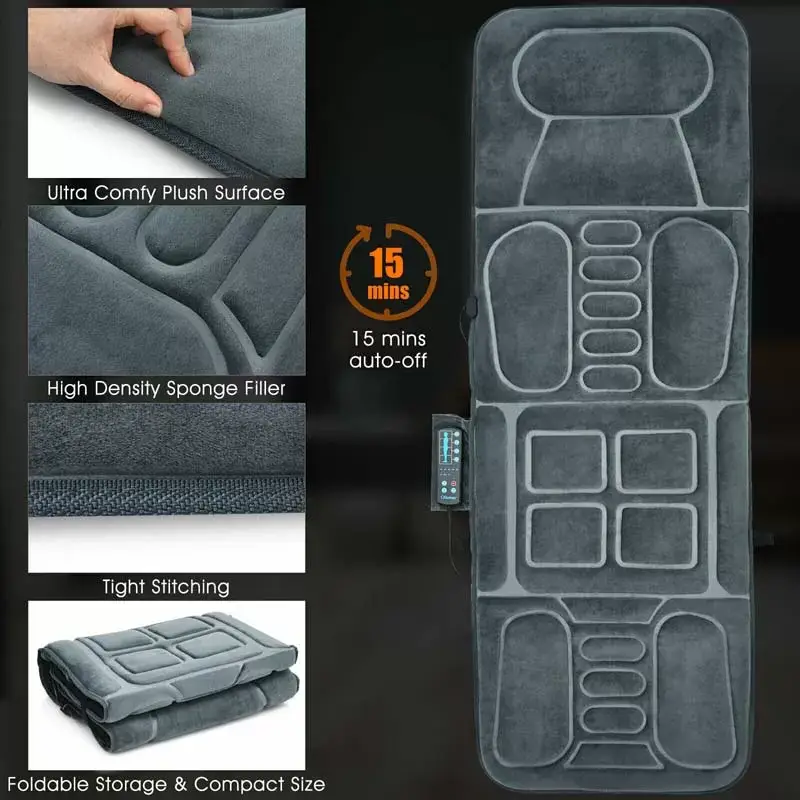 Foldable Heated Massage Pad, Portable Massage Mat with 10 Vibration Motors, Full Body Massage Mattress, Massager Cushion for Back Pain Relief