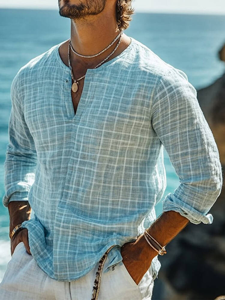 Men's Casual Plaid Cotton And Linen Long Sleeve Shirt