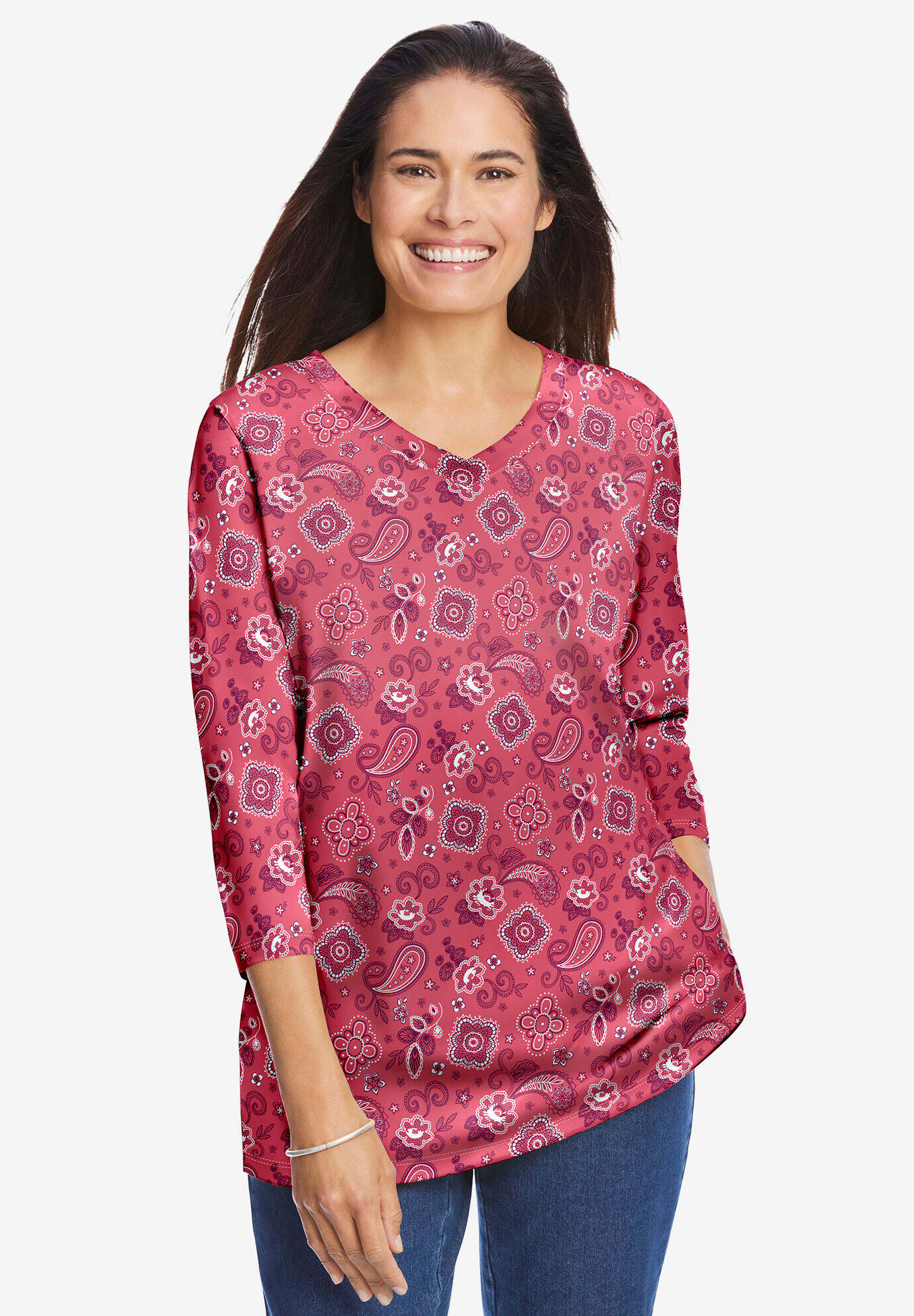 Perfect Printed Three-Quarter Sleeve V-Neck Tee
