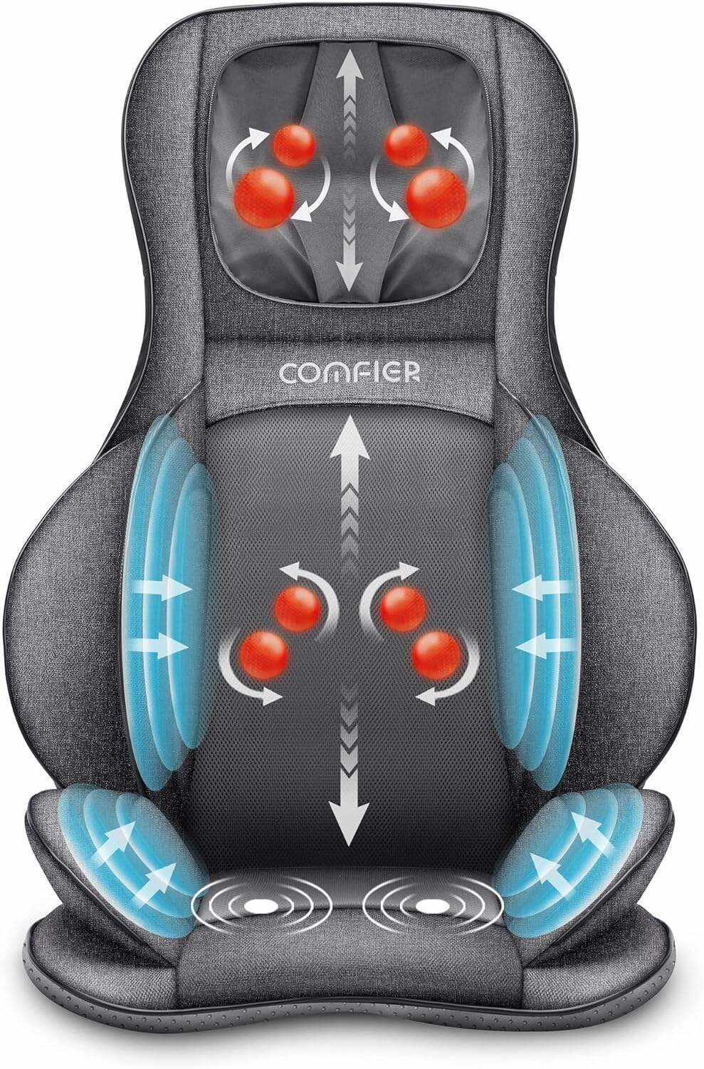 COMFIER Shiatsu Neck Back Massager with Heat and Compression, App Control 2D or 3D Deep Tissue Kneading Massage Chair Pad, Chair Massager for Full Body Pain Relief, Ideal Gifts,Grey