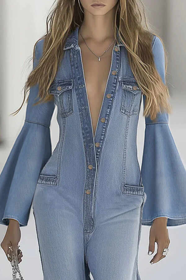 Stylish Bell Sleeves Single-breasted Casual Denim Jumpsuit