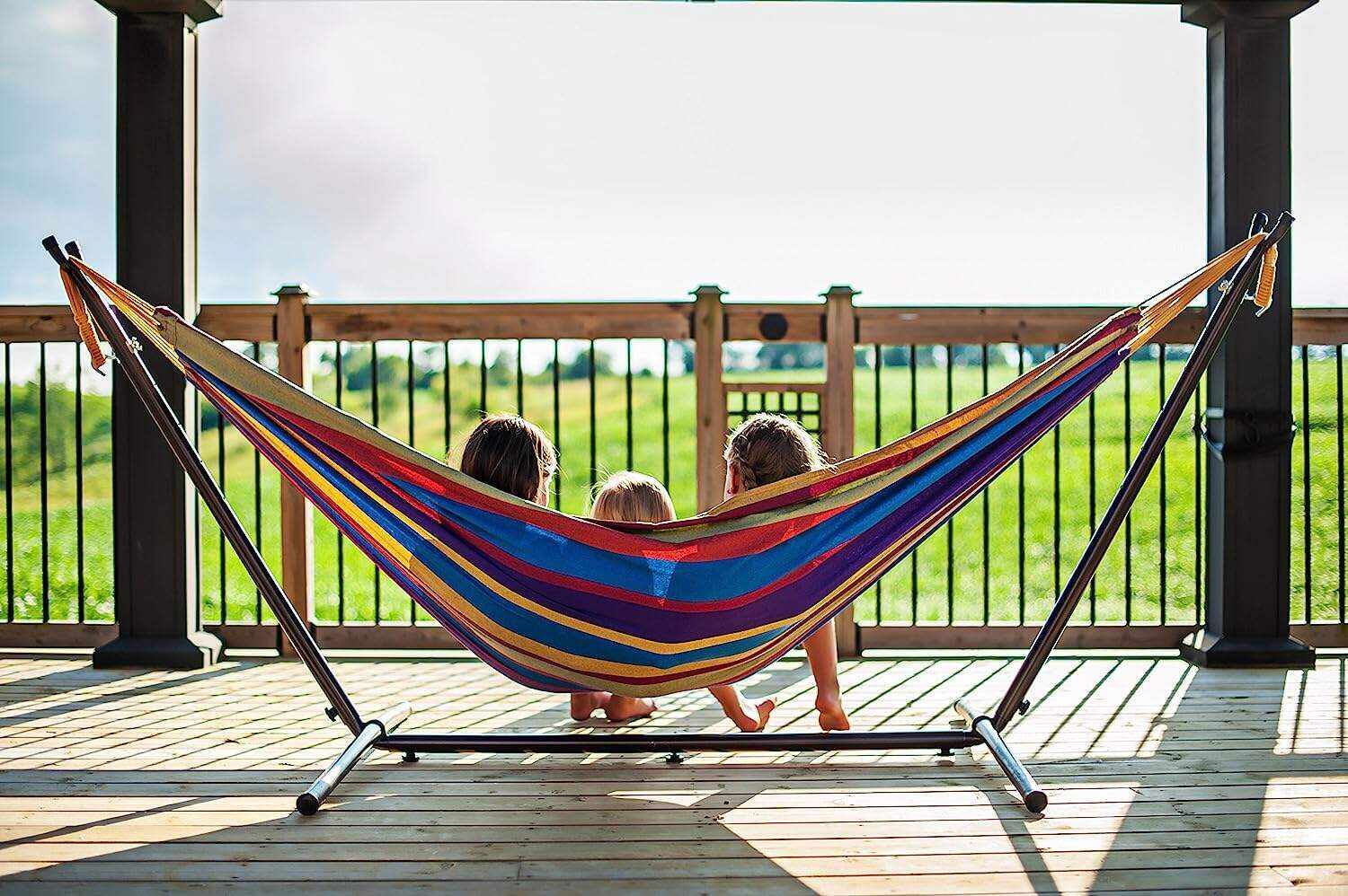 Double Cotton Hammock with Space Saving Steel Stand, Tropical (450 lb Capacity - Premium Carry Bag Included)
