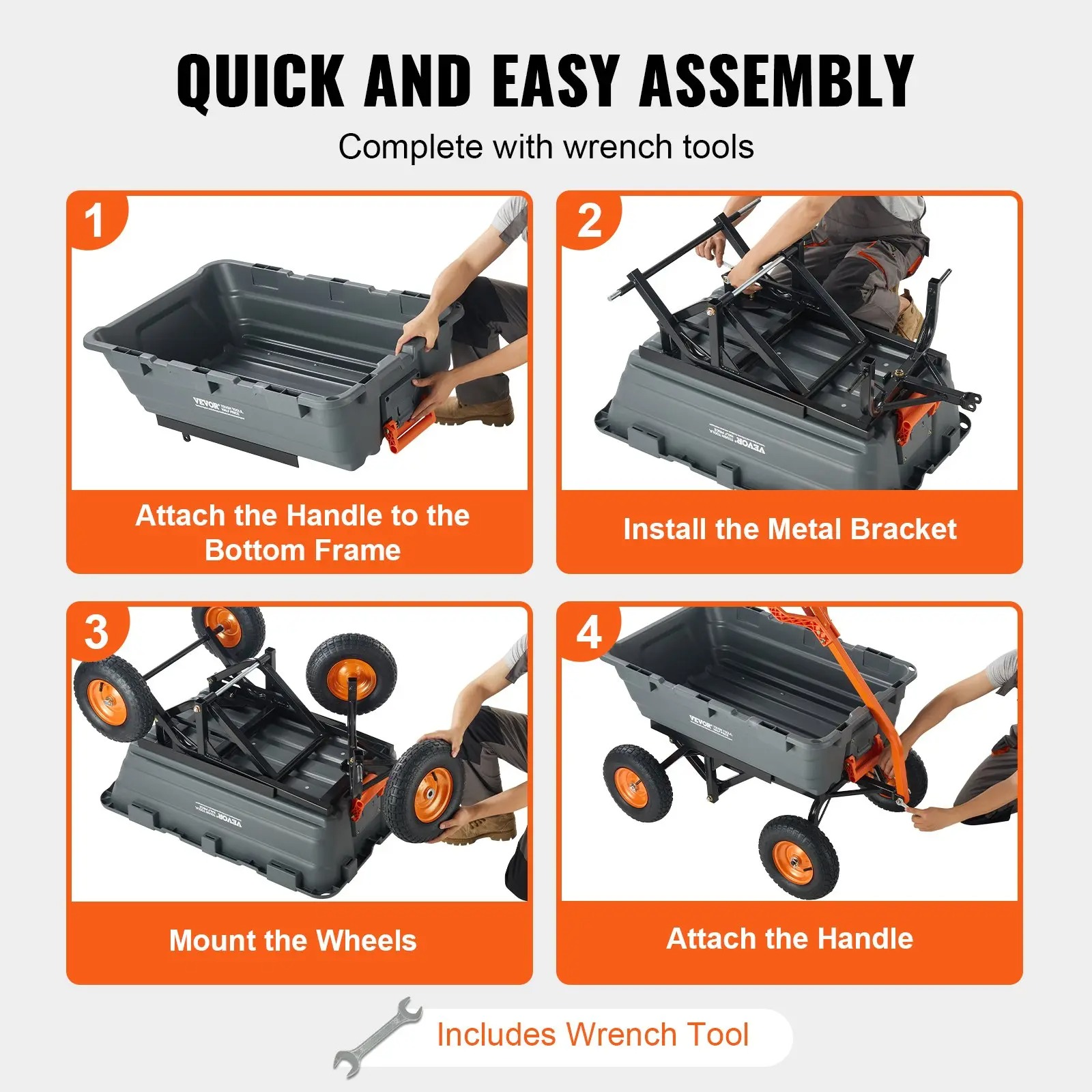 Poly Garden Dump Cart with Easy to Assemble Steel Frame, 2-in-1 Convertible Handle, 13 Inch Tires, Max Capacity 1500 lbs, Utility Wheelbarrow Productivity Yard