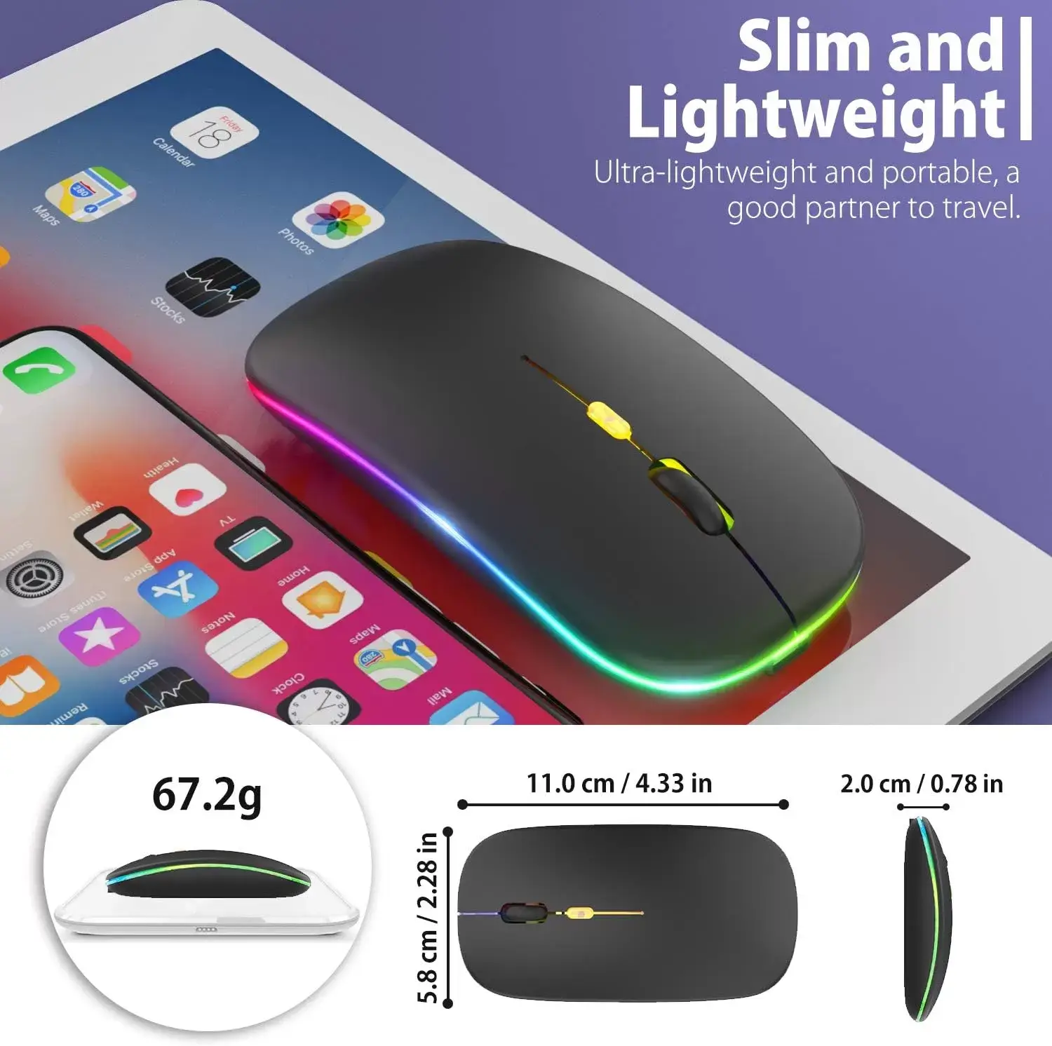 [Upgrade] LED Wireless Mouse, Slim Silent Mouse 2.4G Portable Mobile Optical Office Mouse with USB & Type-c Receiver, 3 Adjustable DPI Levels for Notebook, PC, Laptop, Computer, MacBook (Pink)