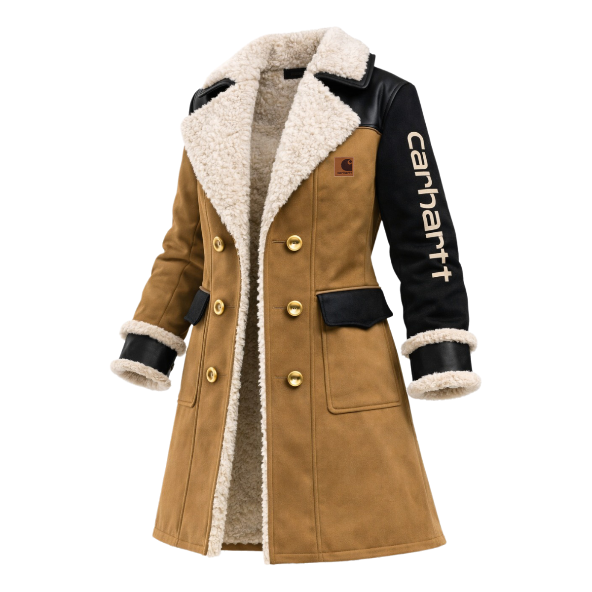 Women's Vintage White Leather Contrast Fleece Faux Fur Lining Coat-Khaki