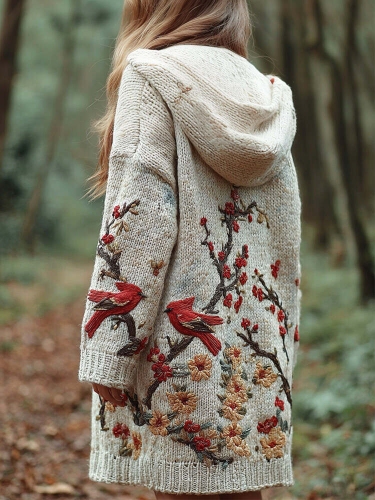 Vintage Japanese Bird & Flower Embroidery Women's Knit Hooded Cardigan
