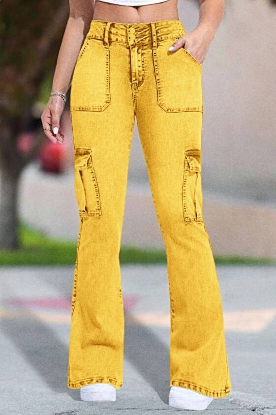 Multi Pocket Double Button Mid Rise Flare Cargo Jeans