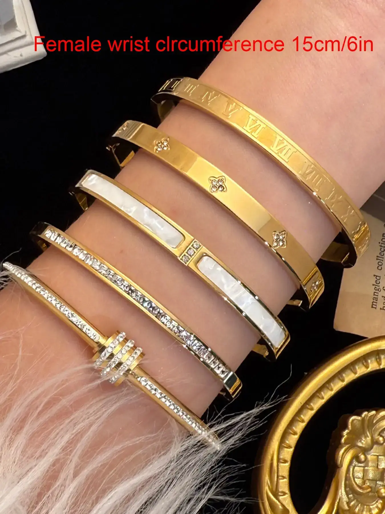 5-Piece Waterproof Titanium Steel Bracelet Set, Rhinestone Design, 18K Gold Plated