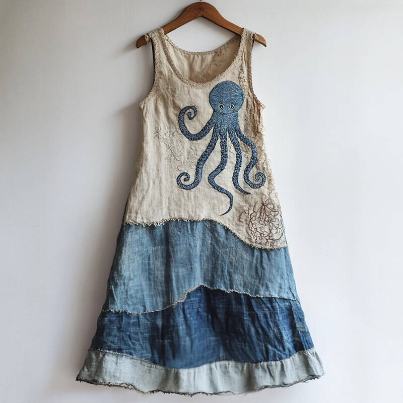 Octopus Pattern Patchwork Art Linen Blend Dress