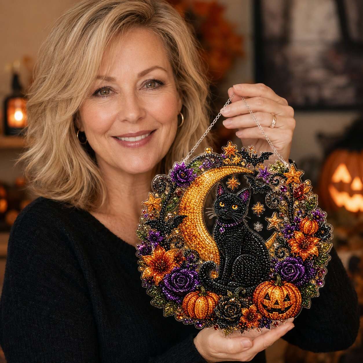 🎃Black Cat Moon Diamond Art Hanging Ornament Kit – Relaxing DIY Halloween Craft 🎃💎