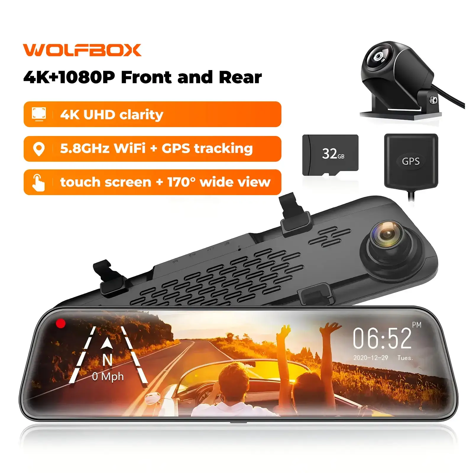 12 Inch Smart Rearview Mirror Dash Cam, 4K Front & Rear Dual Camera with Backup Camera, 5.8GHz WiFi, Night Vision, GPS & 32GB Card for Car & Truck