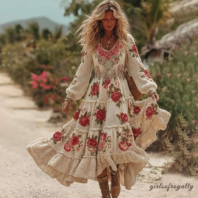 Women's Vintage Romantic Rose Embroidery Art Comfy Knitted Maxi Dress