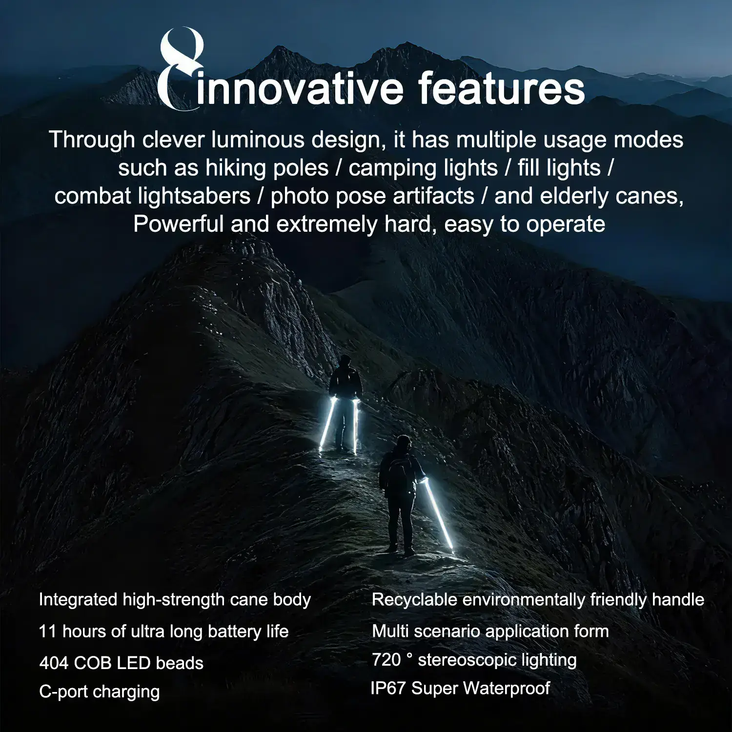 Laser Saber Style Trekking Poles - Non-Foldable Built-in LED Light Strip Hiking Sticks, Adjustable Waterproof Aircraft Aluminum with Anti-Slip Grip, Photo Ready for Night Hiking Camping Emergency Safety