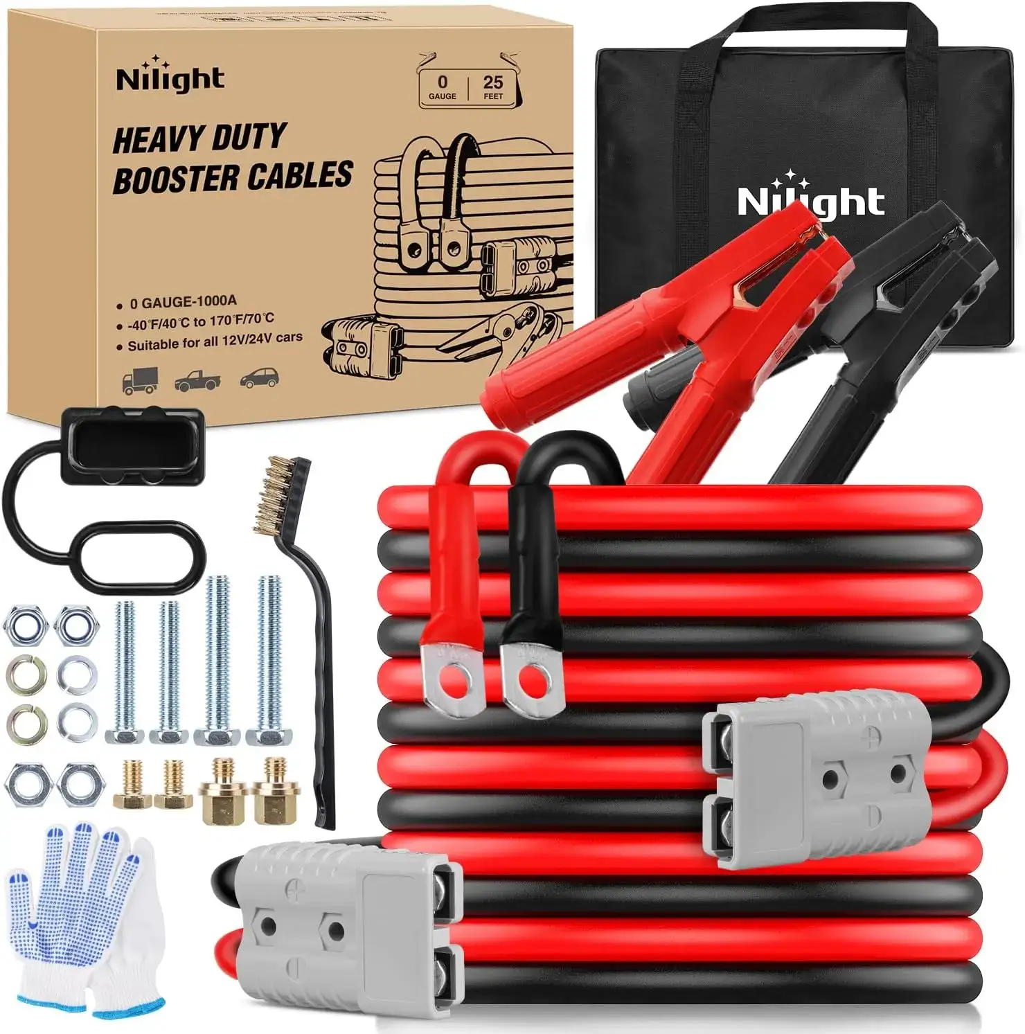 0 Gauge 25 Feet Heavy Duty Jumper Cables 1000 Amp Booster Battery Cables with Permanent Installation kit and Quick Connect Plug Includes carrying bag for 12V & 24V Cars SUVs and Trucks