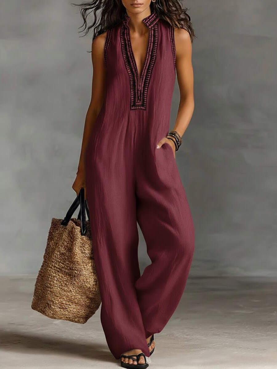 🔥Summer Arrivals🌟Women's V-neck Sleeveless Casual Loose Cotton And Linen Jumpsuit