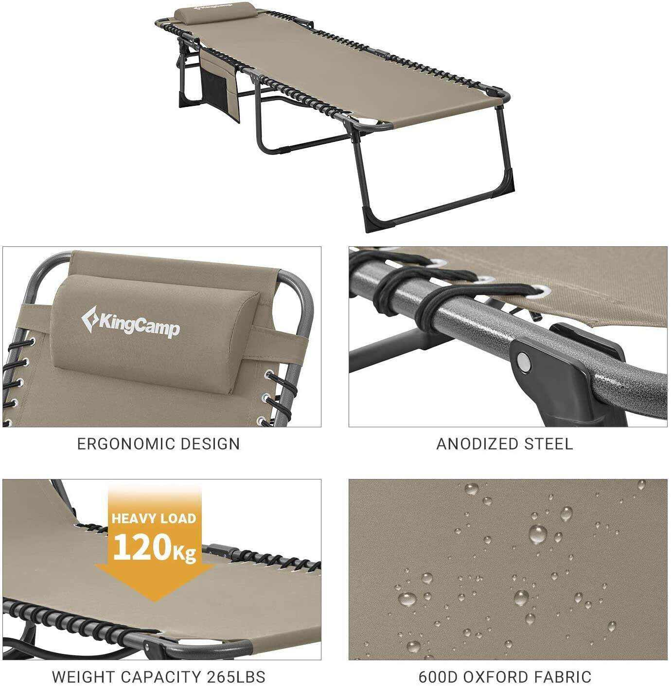 Adjustable 4-Position Folding Chaise Lounge Chair with Pillow Pocket, Supports 265lbs