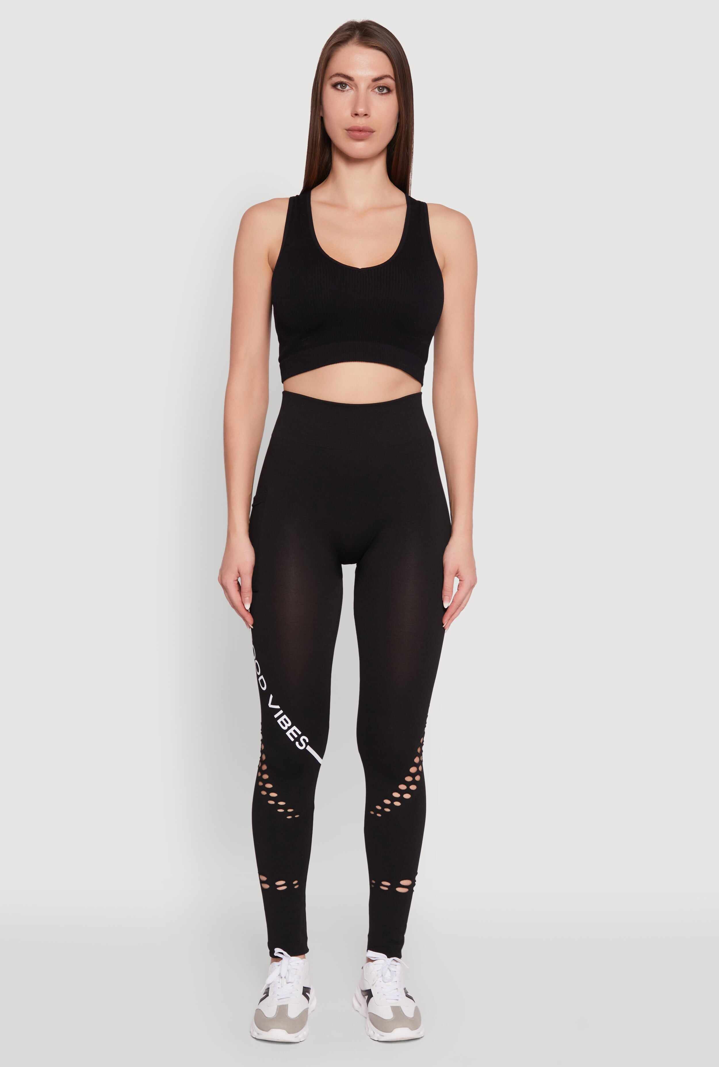 Trendy Good Vibes Graphic Leggings with Booty Lift and Pockets