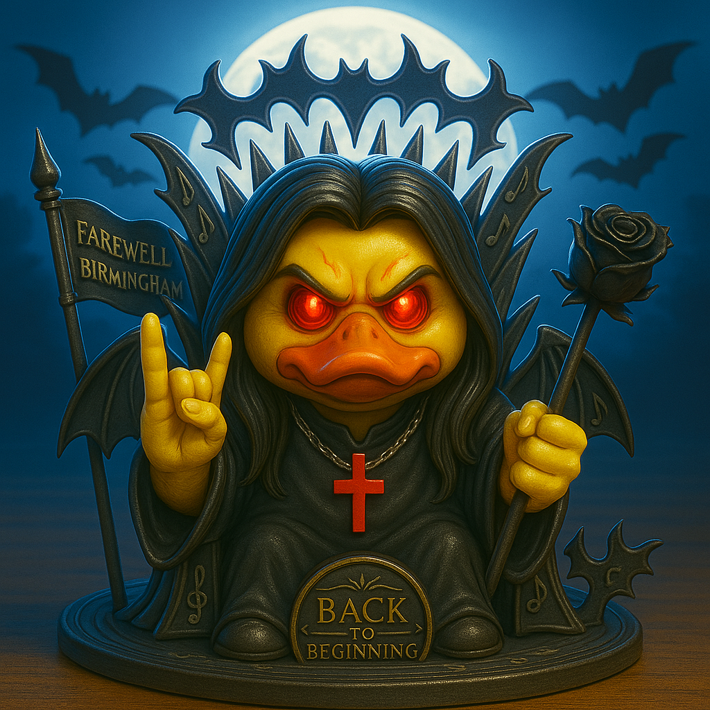 🦇 “The Final Quack” – Gothic Ozzy Duck Tribute Statue