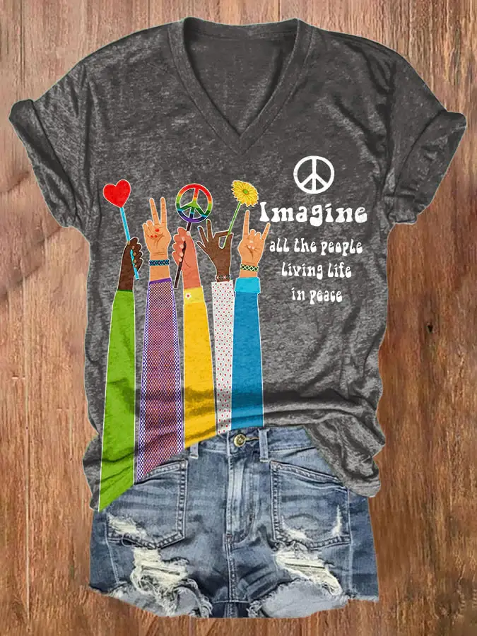 V-neck Retro Hippie Imagine All The People Living Life In Peace Print Shirt