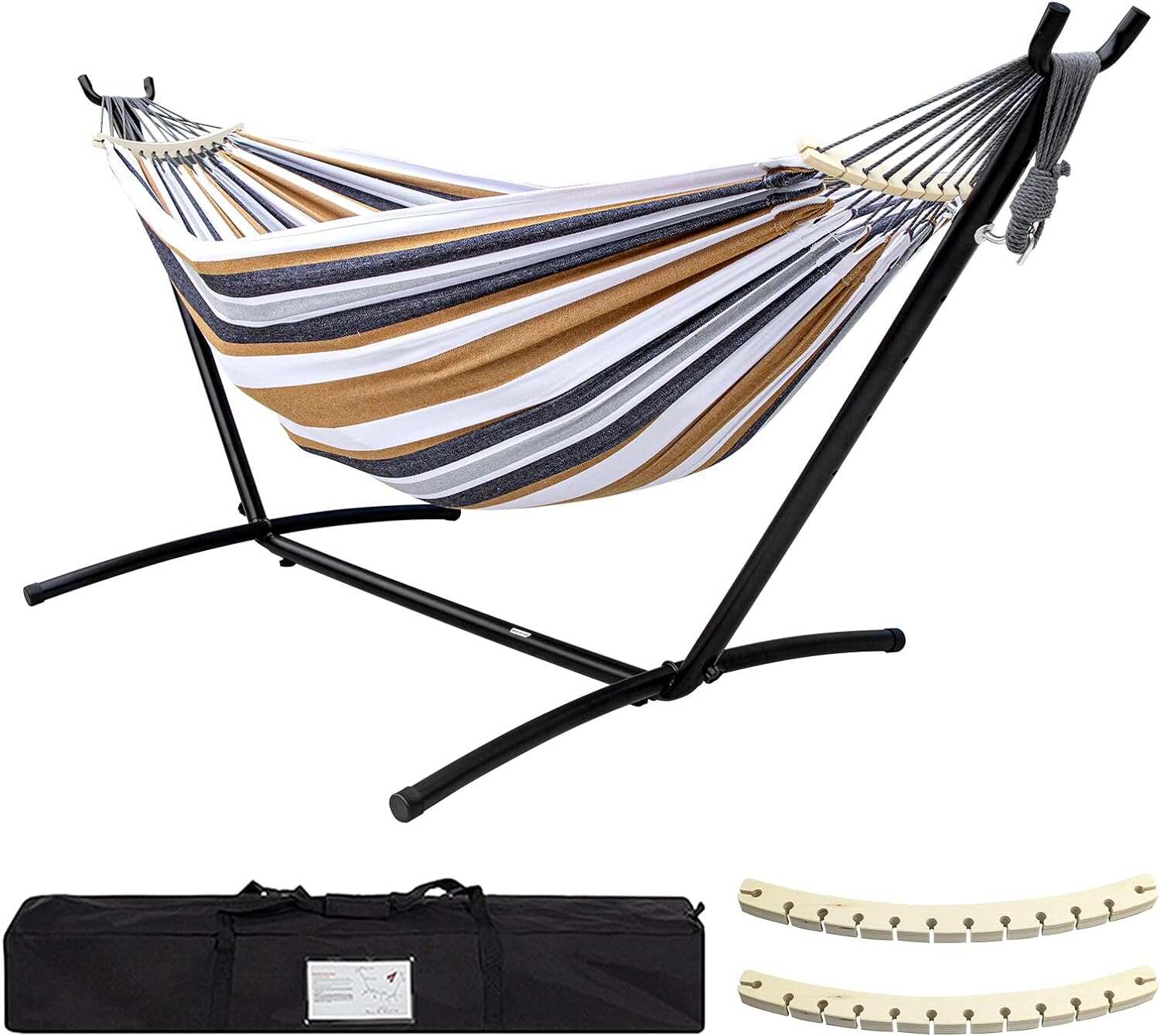 Double Hammock with Stand Included 450lb Capacity Steel Stand, Premium Carry Bag Included and Two Anti Roll Balance Beam, Portable Hammock with Stand for Backyard, Camping,Garden Brown Stripes