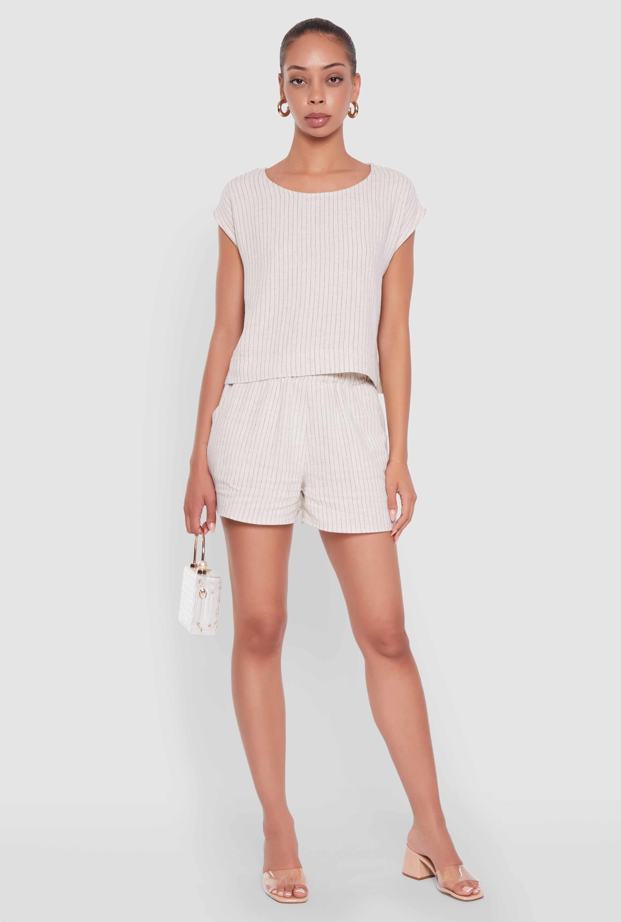 Linen Pinstripe Scoop Neck Cap Sleeve Top