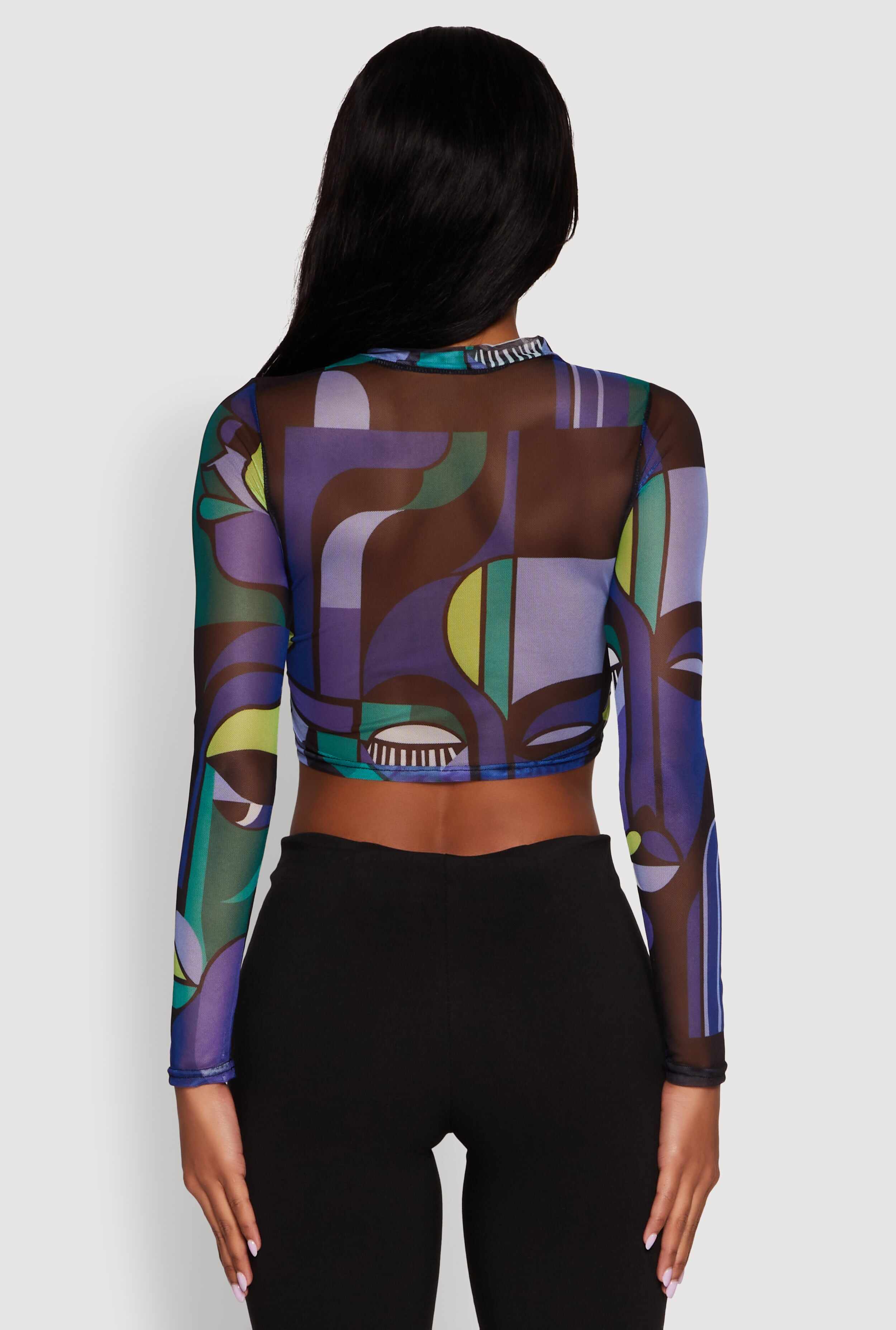 Trendy Mesh Sheer Long Sleeve Crop Top with Printed Pattern