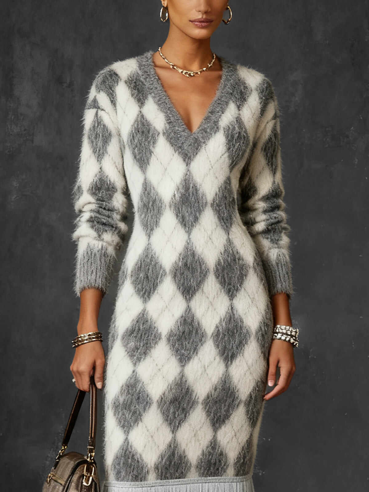 Gray Argyle Knit V-Neck Dress With Fringe Hem