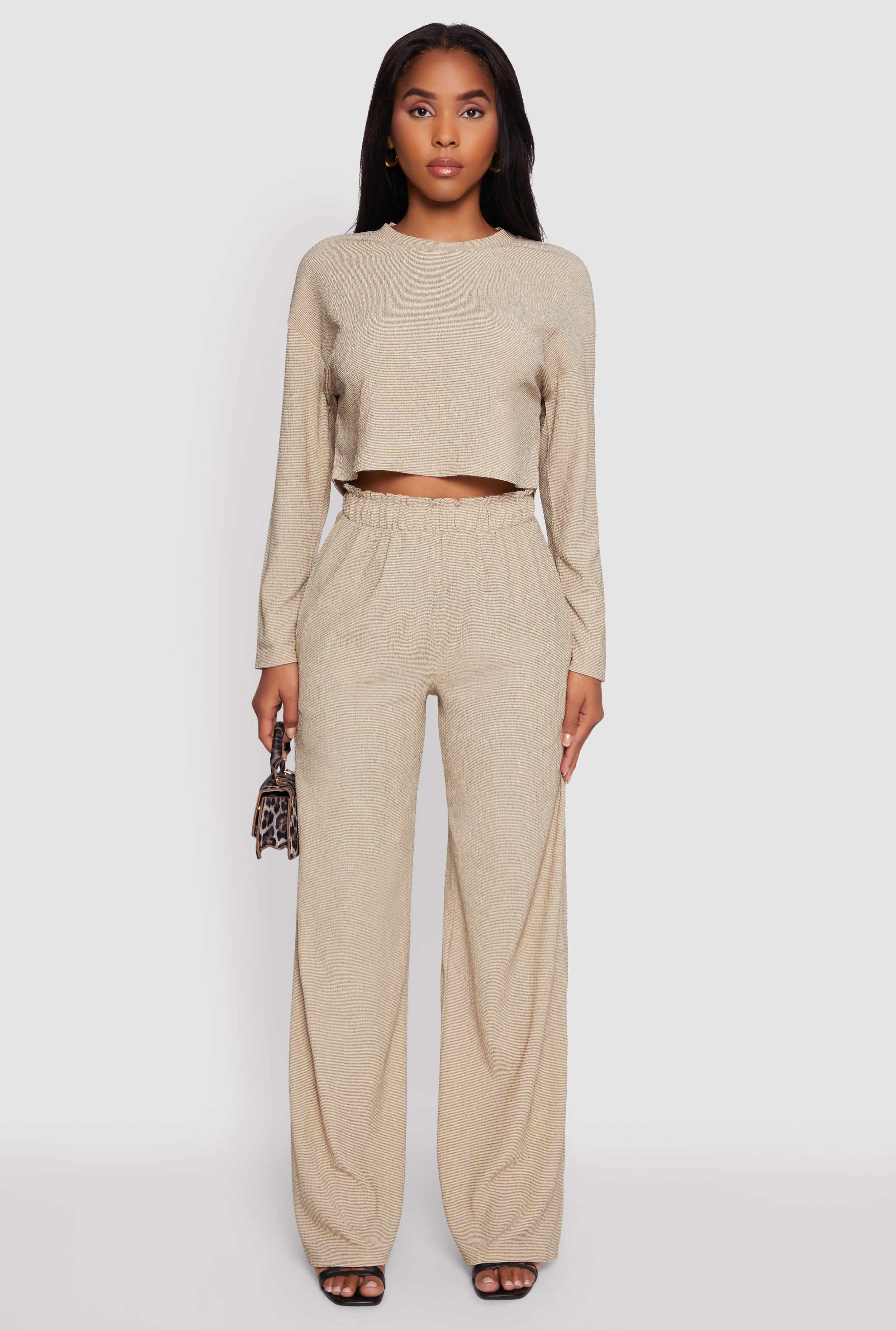 Textured Knit Paper Bag Waist Wide Leg Pants