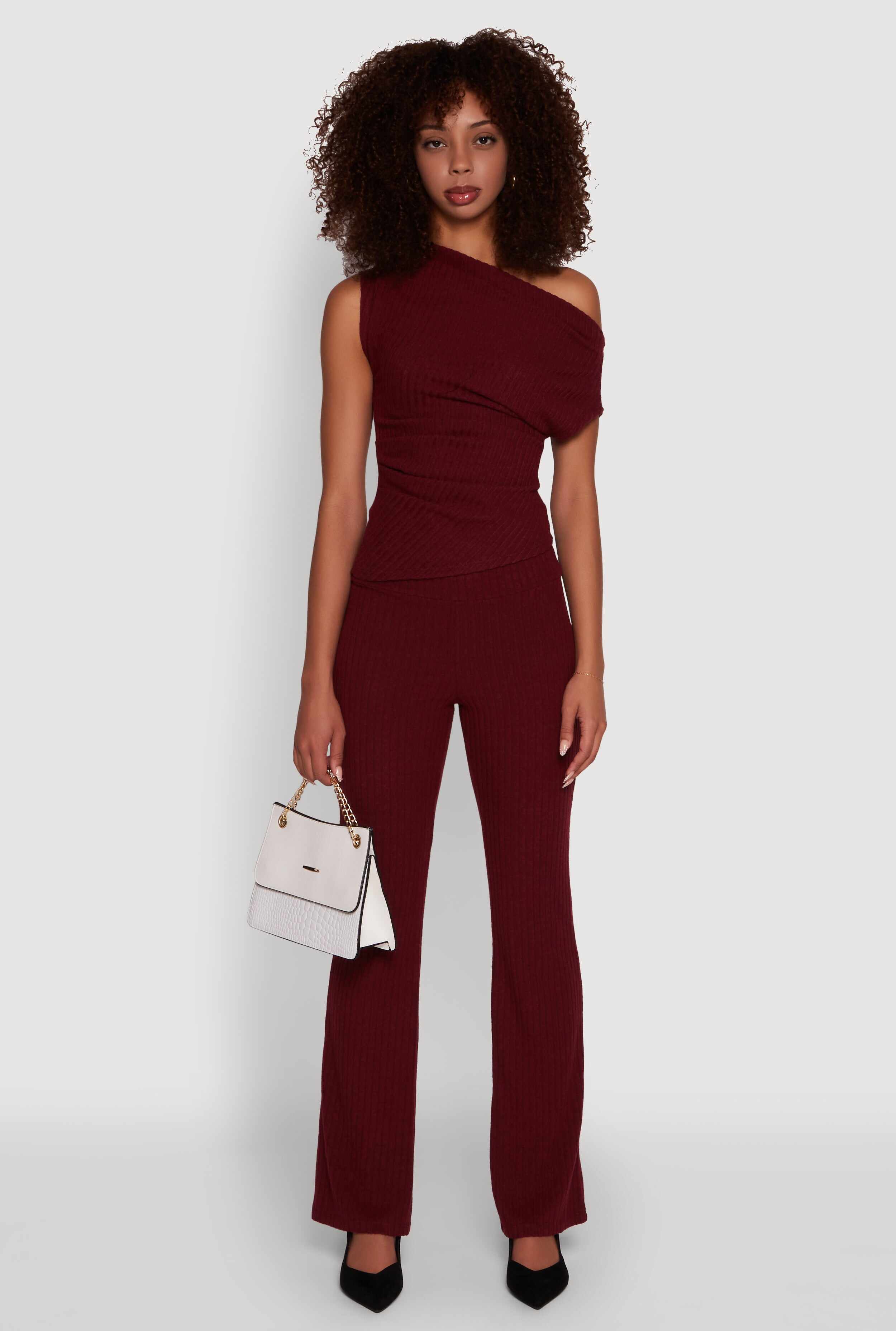 Ribbed Knit Solid One Shoulder Blouse
