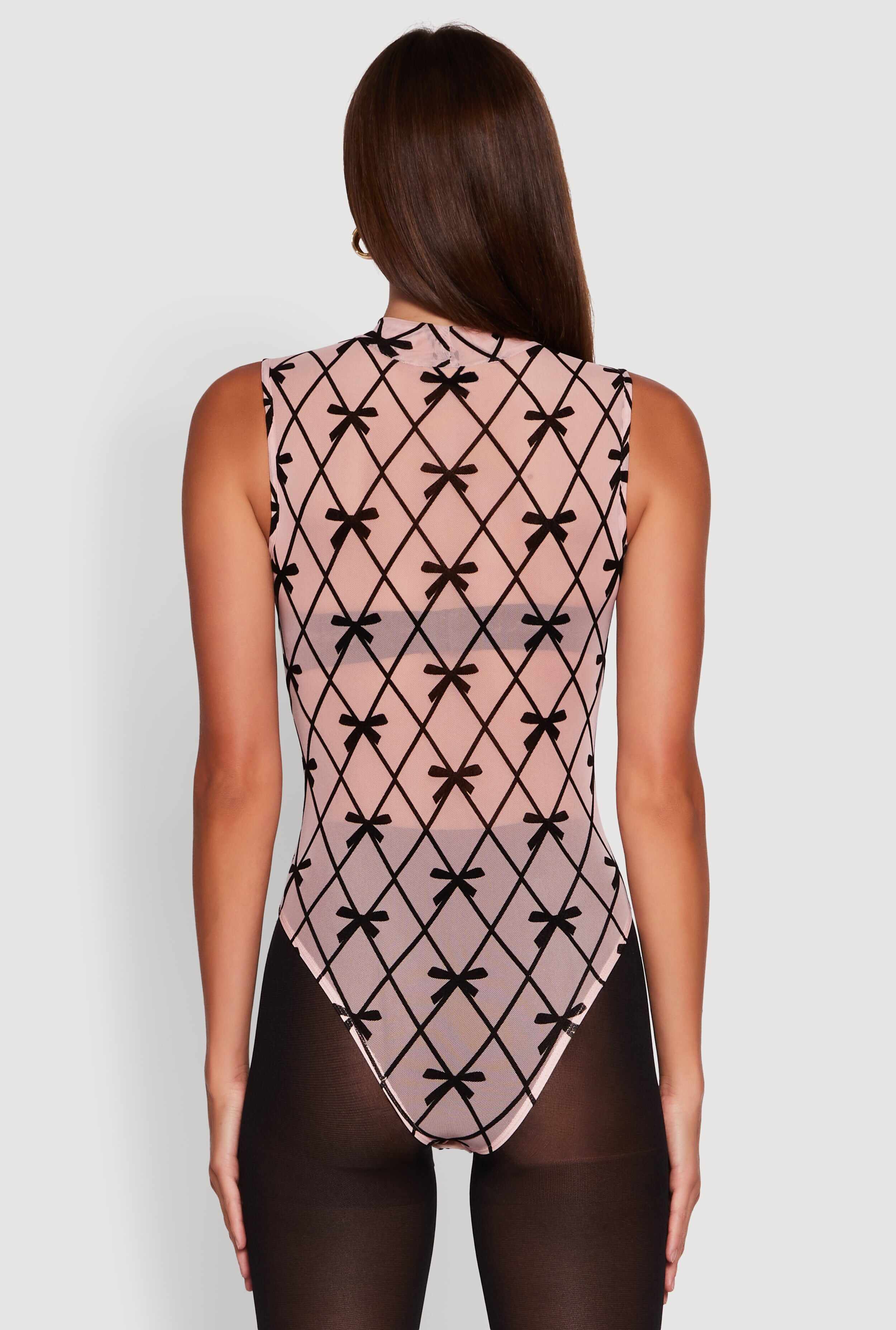 Sleeveless Mock Neck Velvet Burnout Patterned Mesh Bodysuit