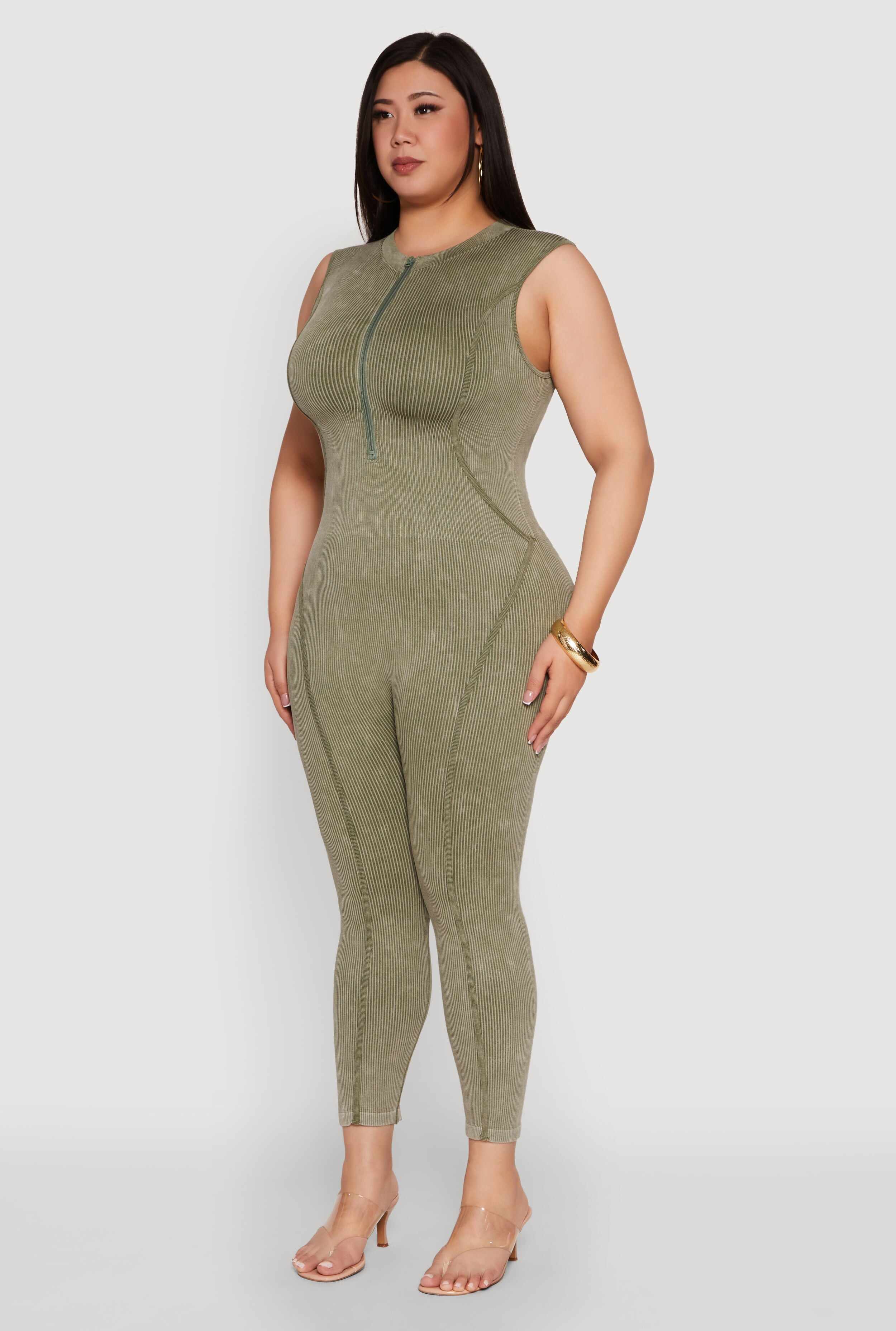 Seamless Ribbed Knit Sleeveless Jumpsuit with Zip Neck