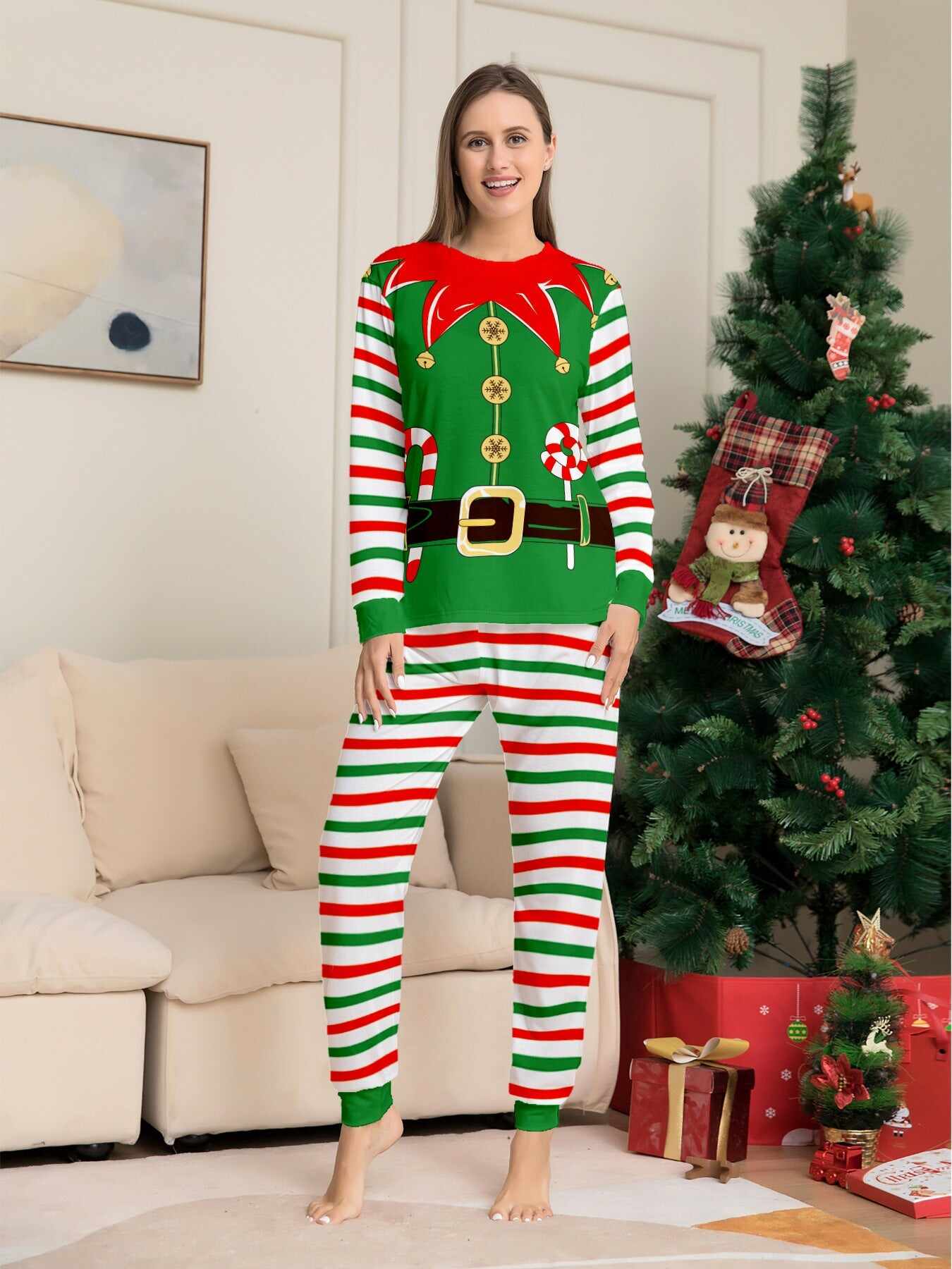2024 3D Print Christmas Family Pajamas Red Green Striped Crutch Xmas Pajamas