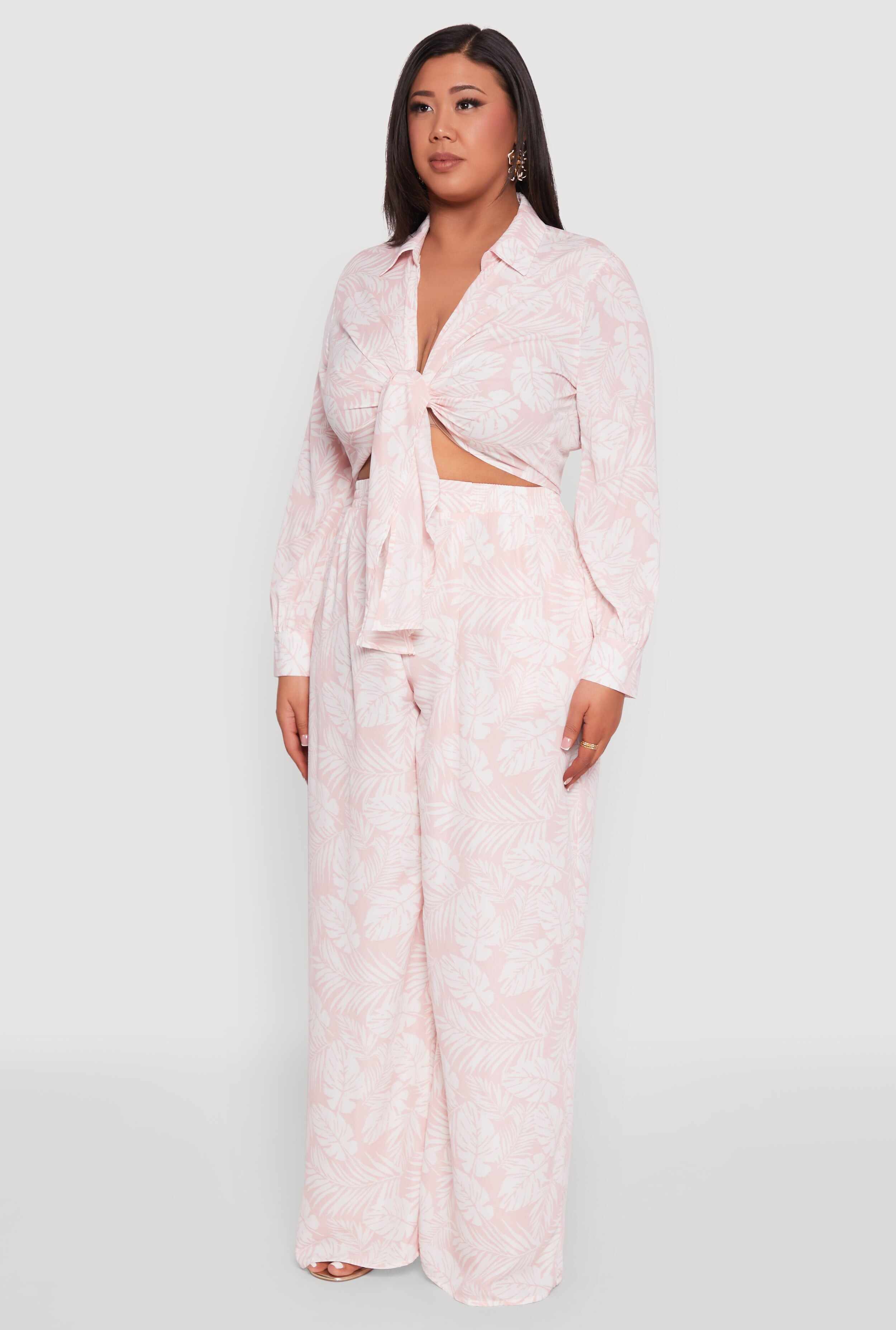 Plus Size Airy Leaf Print Tie Front Crop Top