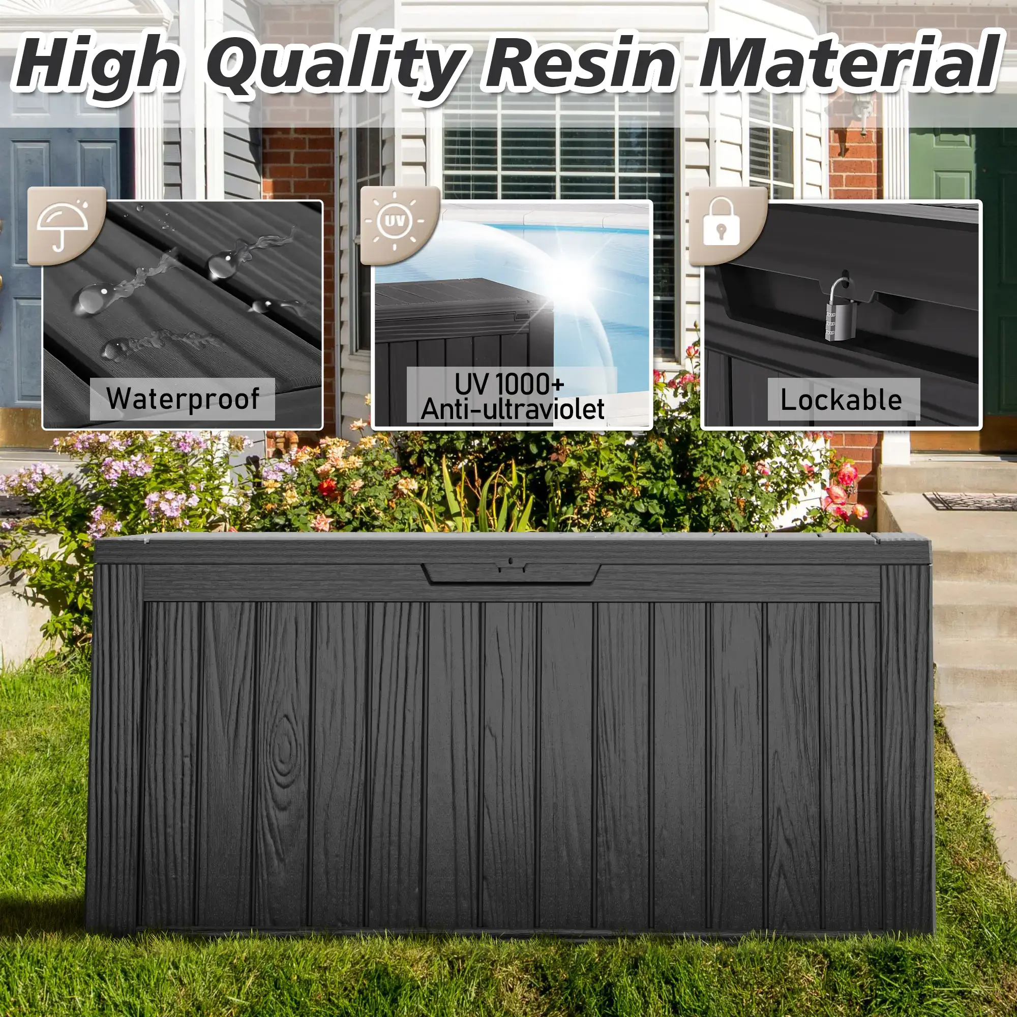 72-Gallon Storage Bin, Resin Material, Waterproof & UV-Resistant, Organizer for Garage, Warehouse, and Patio